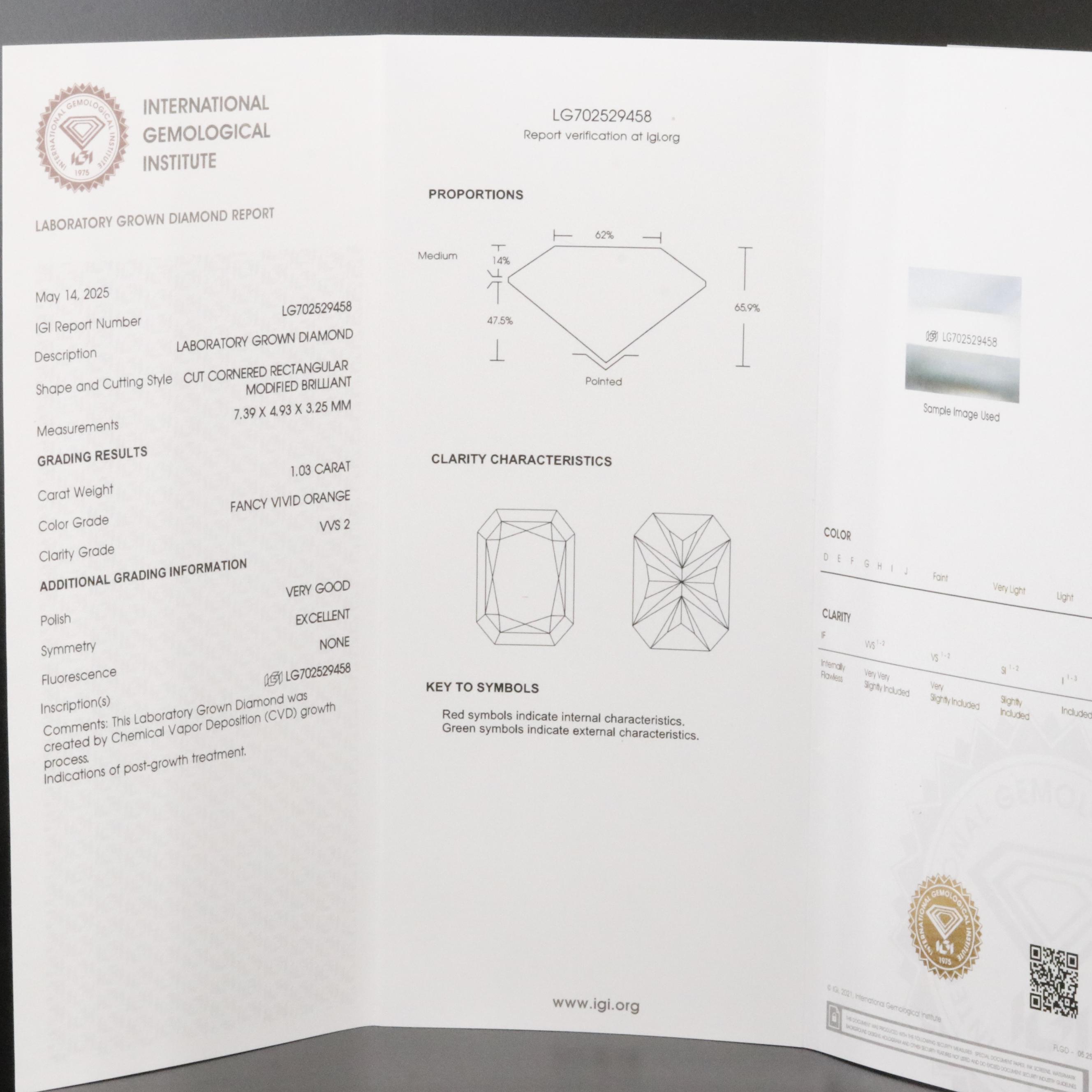 Loose 1.03 CT Lab Grown Fancy Orange Diamond with IGI Report