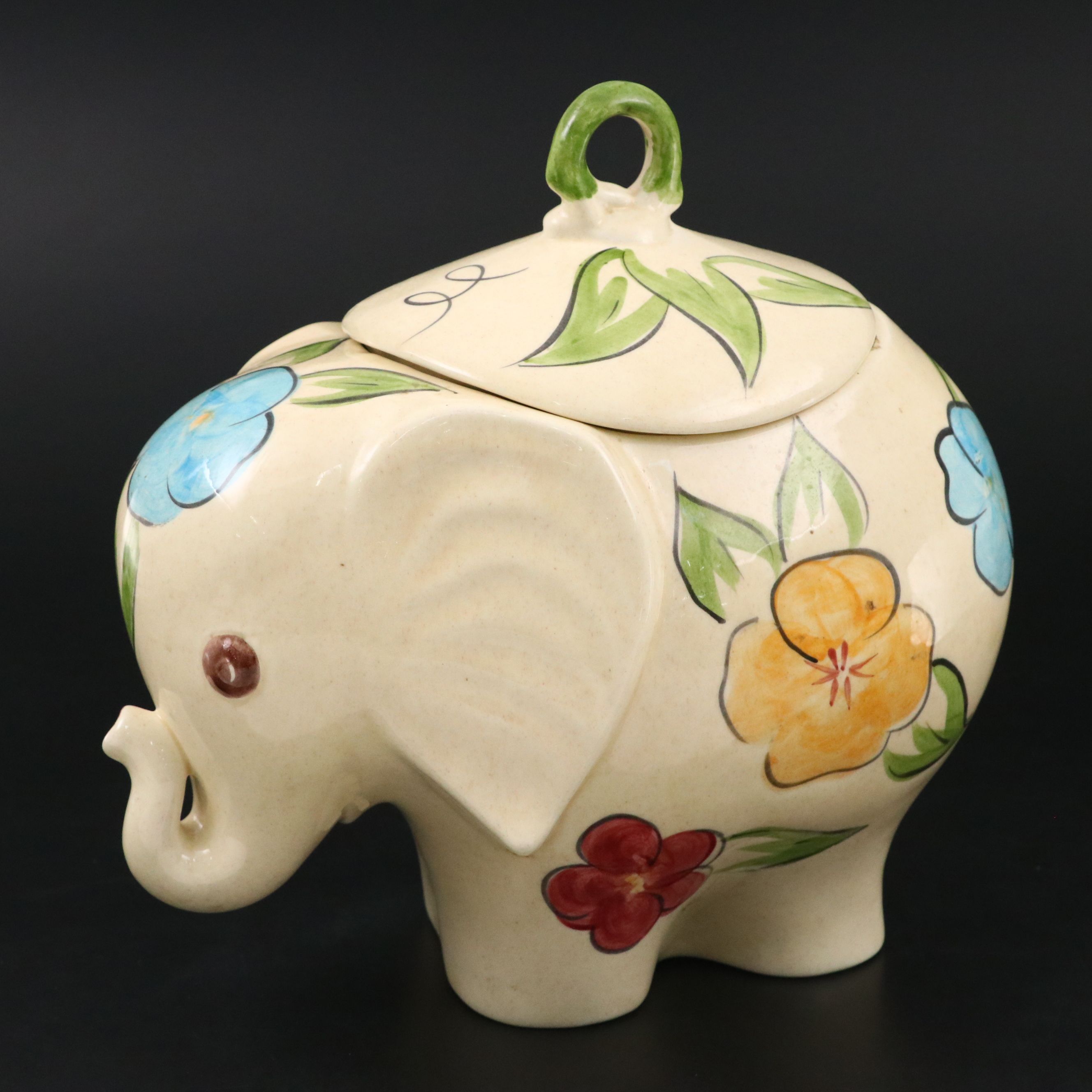 Vintage Floral Ceramic Elephant Cookie Jar