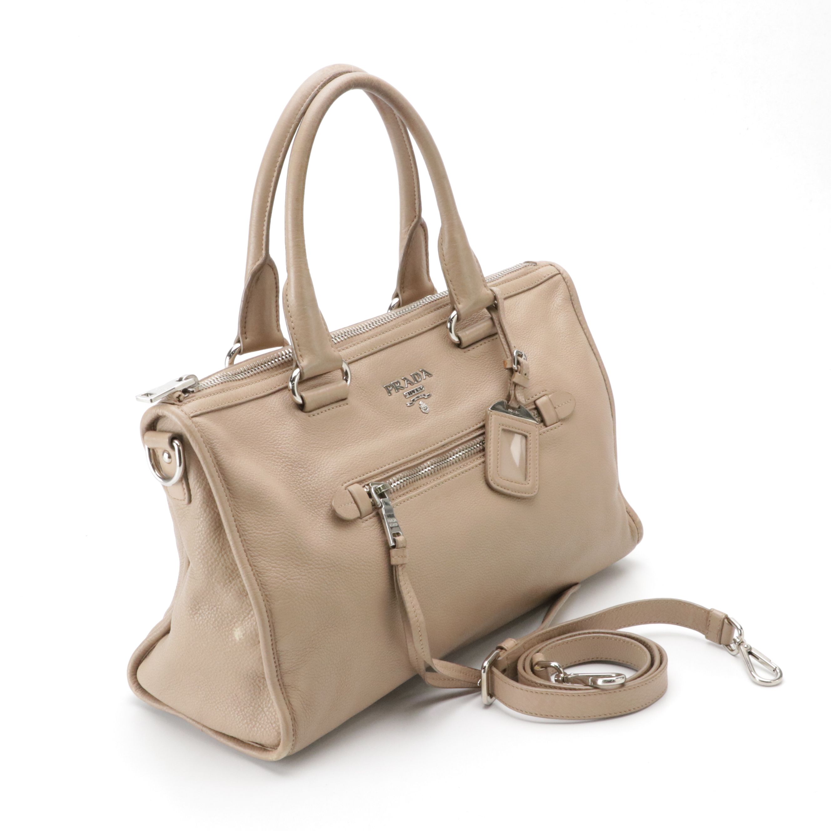 Prada Front Zip Top Handle Two-Way Bag in Vitello Daino Leather