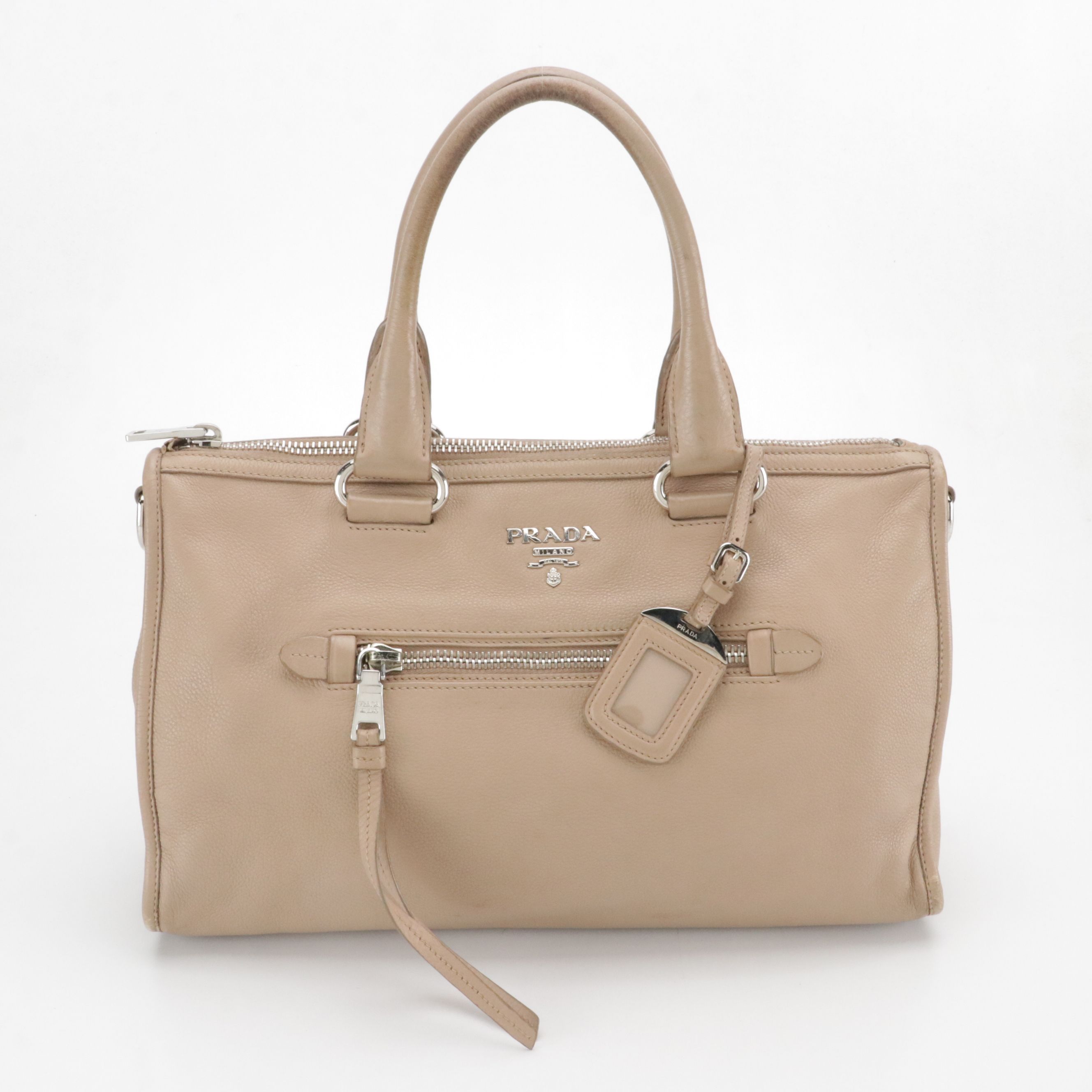 Prada Front Zip Top Handle Two-Way Bag in Vitello Daino Leather