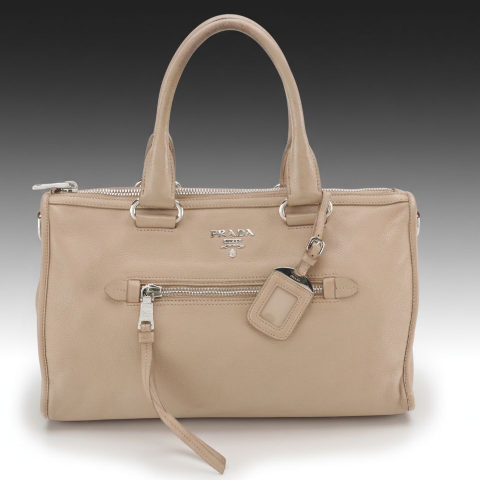 Prada Front Zip Top Handle Two-Way Bag in Vitello Daino Leather