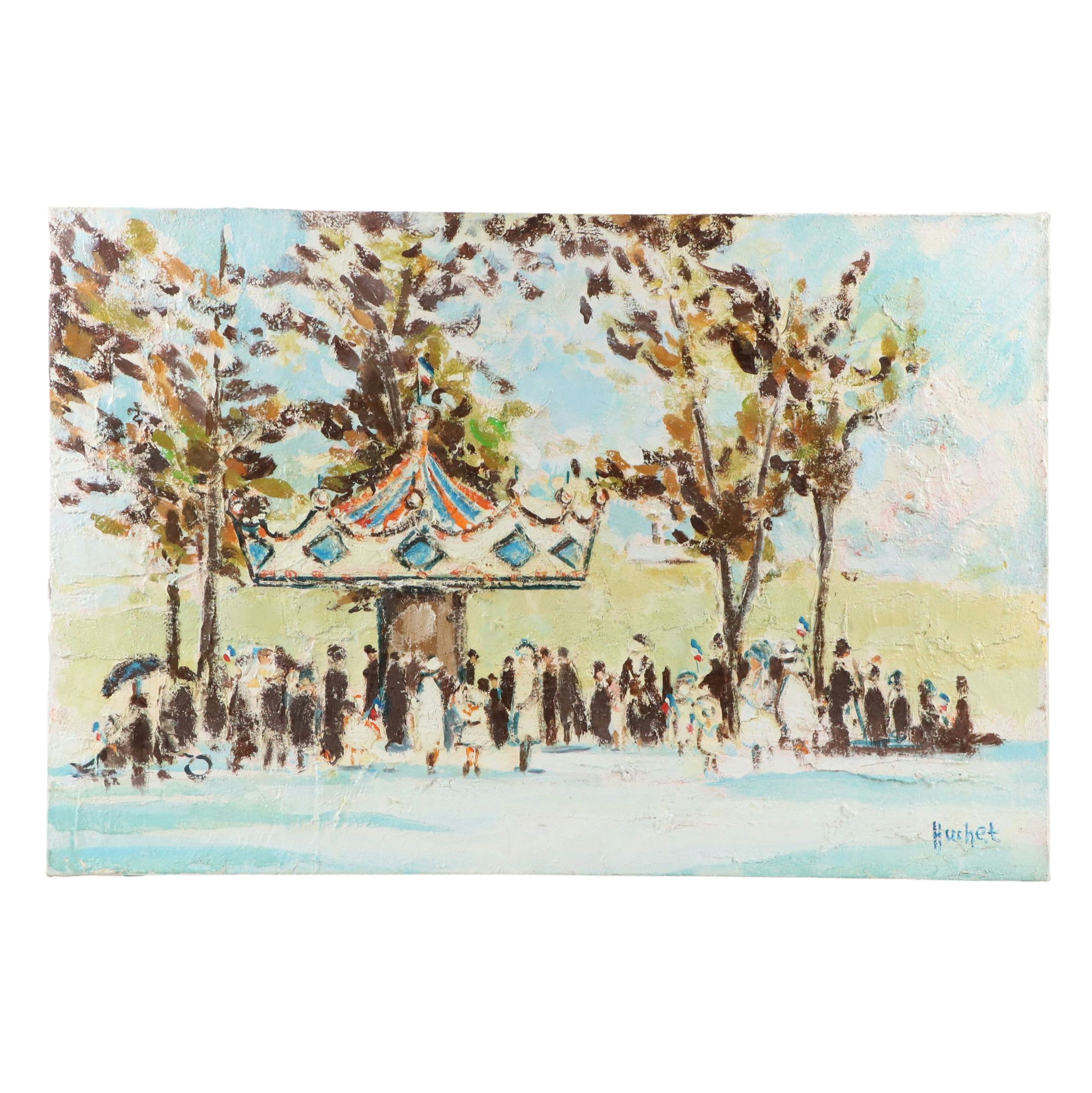 Urbain Emmanuel Huchet Impasto Oil Painting of Carousel Scene, 20th Century