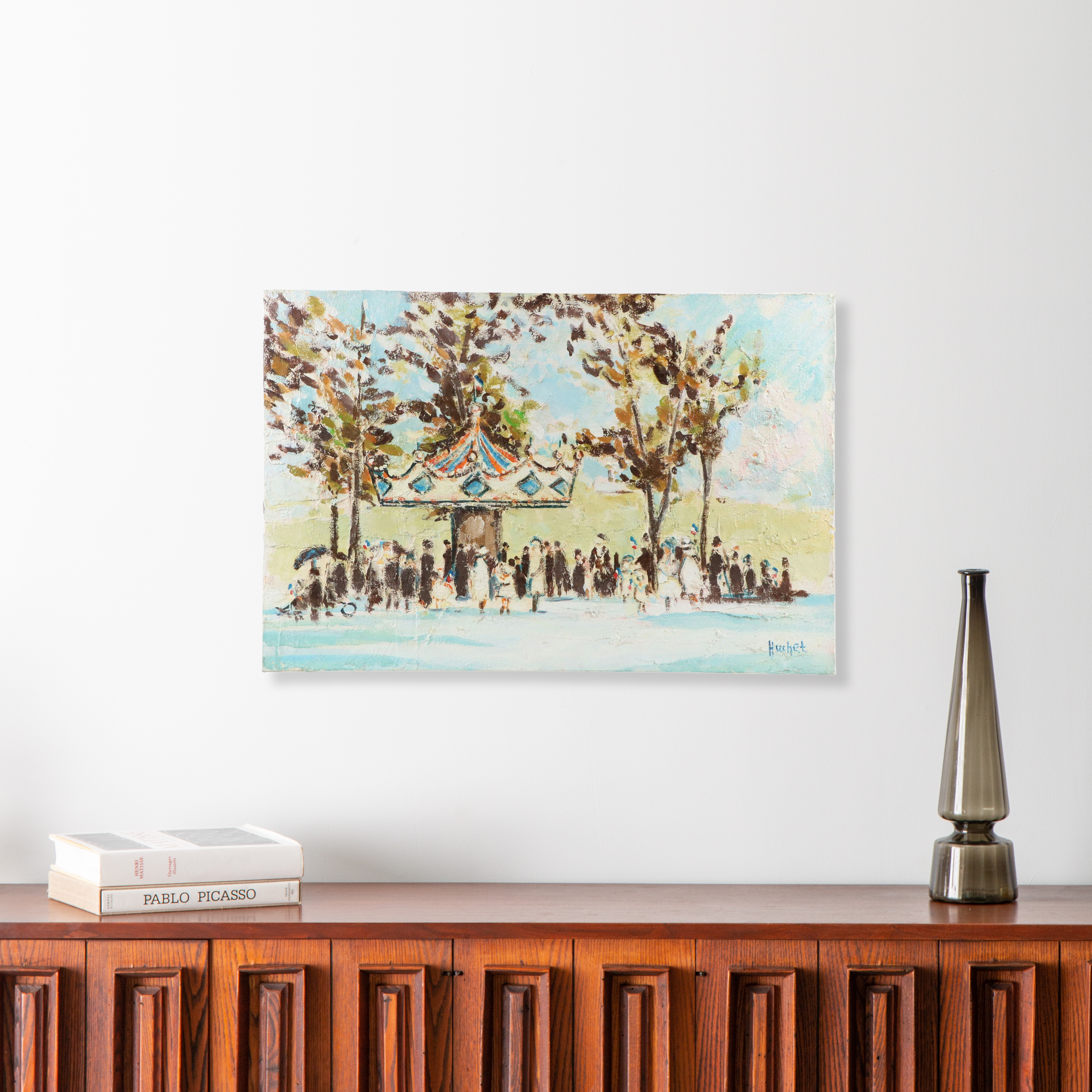 Urbain Emmanuel Huchet Impasto Oil Painting of Carousel Scene, 20th Century