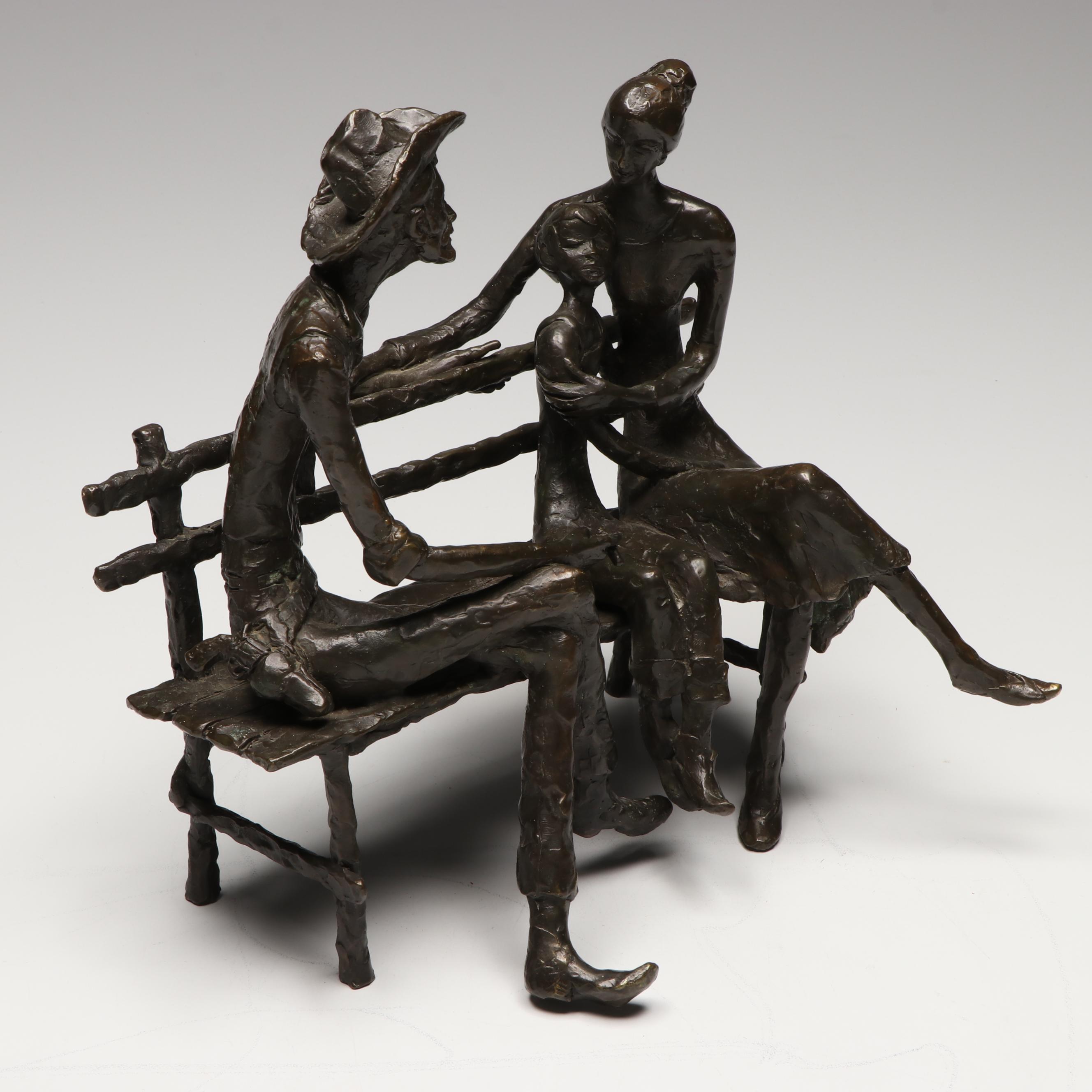 Bernard Kim Modernist Bronze "The Bench" Seated Family Sculpture