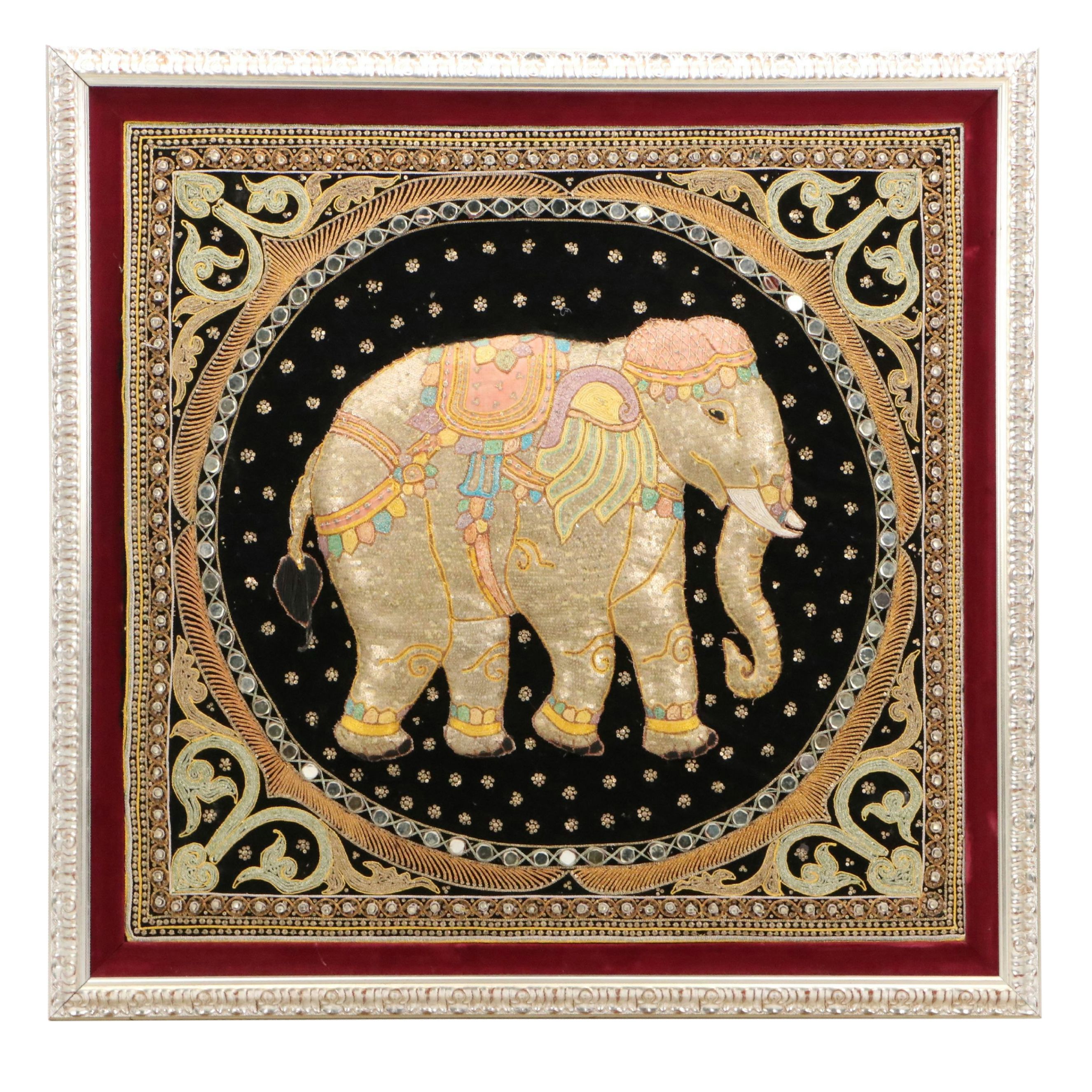 Thai Hand-Stitched and Embroidered Kalaga Panel of Elephant
