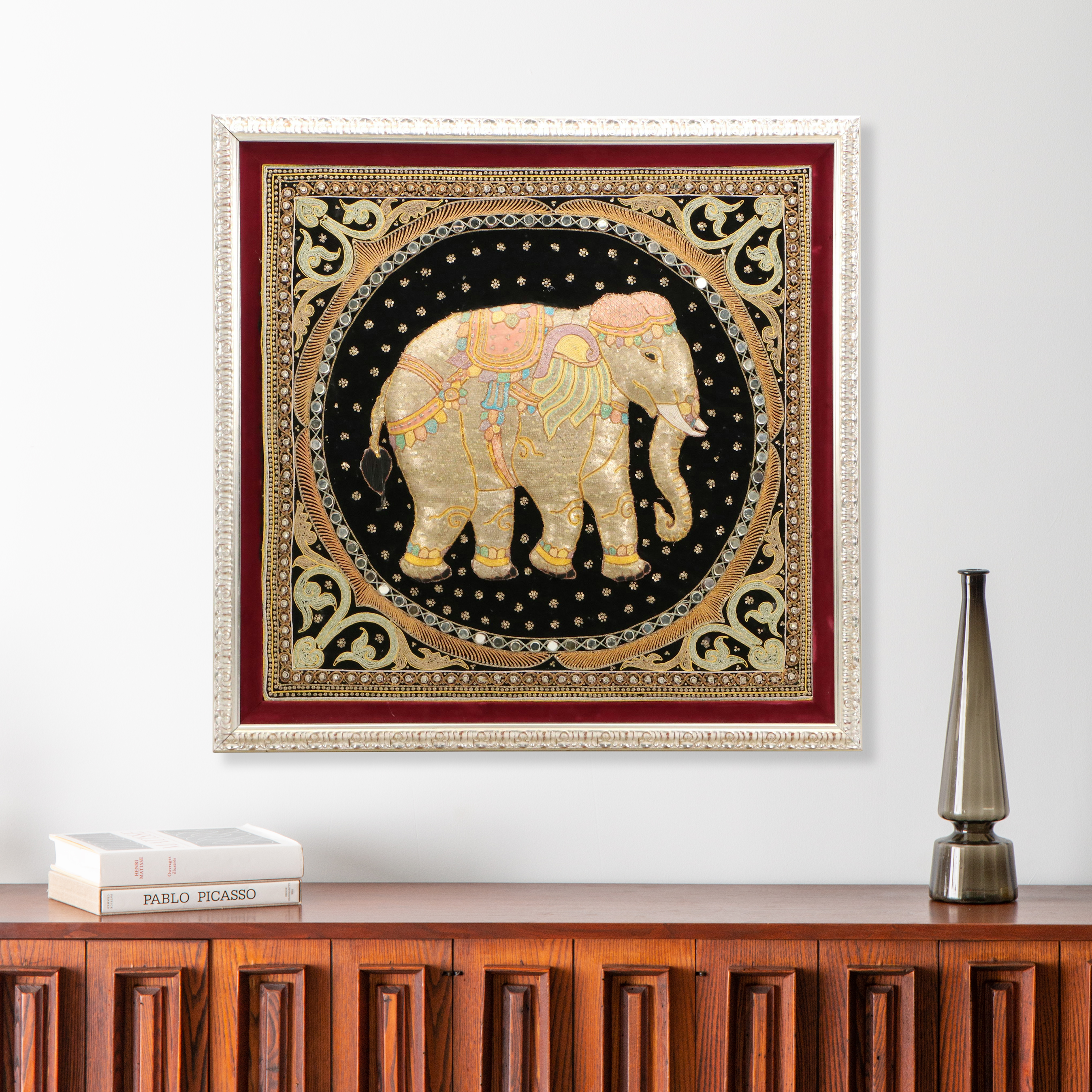 Thai Hand-Stitched and Embroidered Kalaga Panel of Elephant