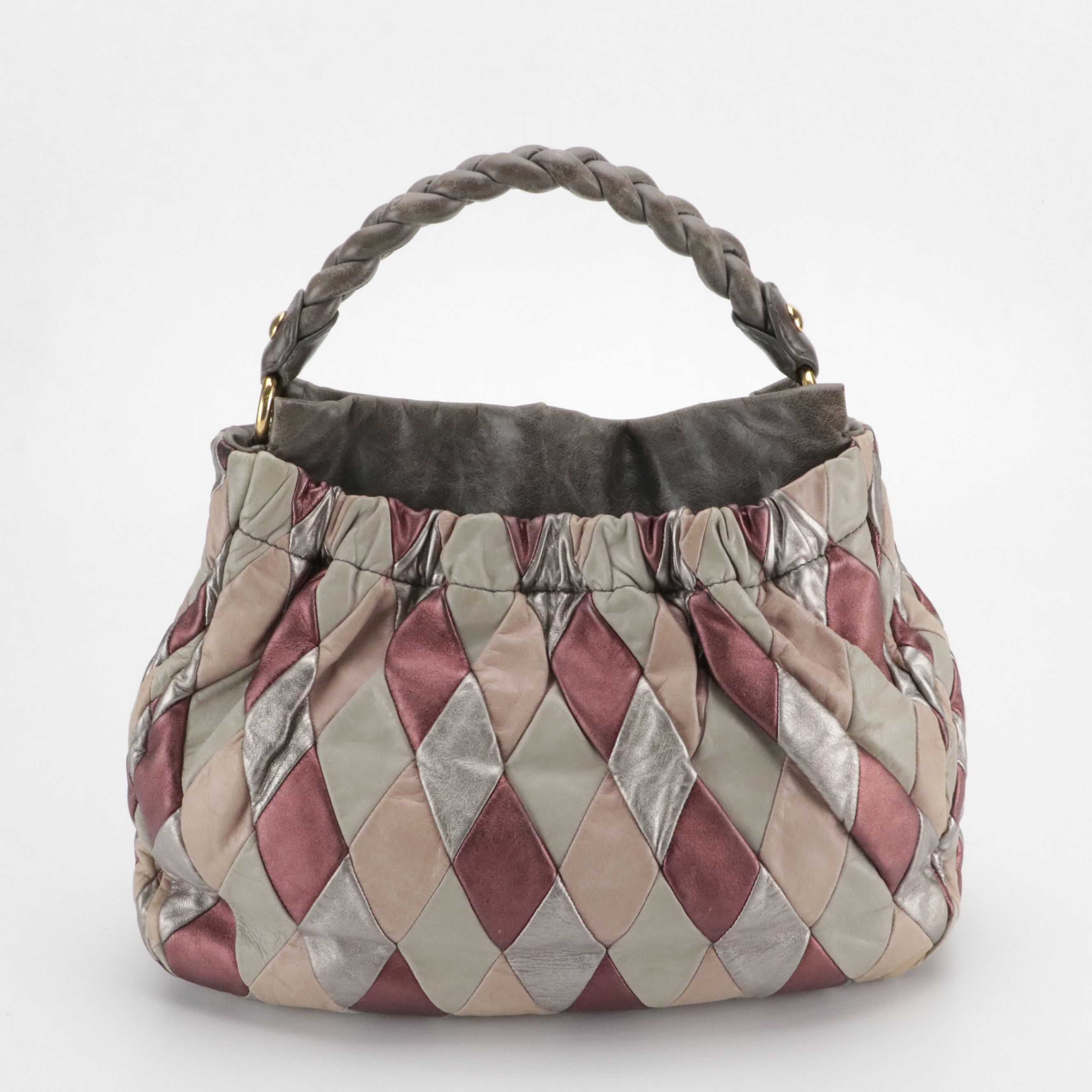 Miu Miu Braided Strap Harlequin Two-Way Bag in Silver/Pink Patchwork Leather