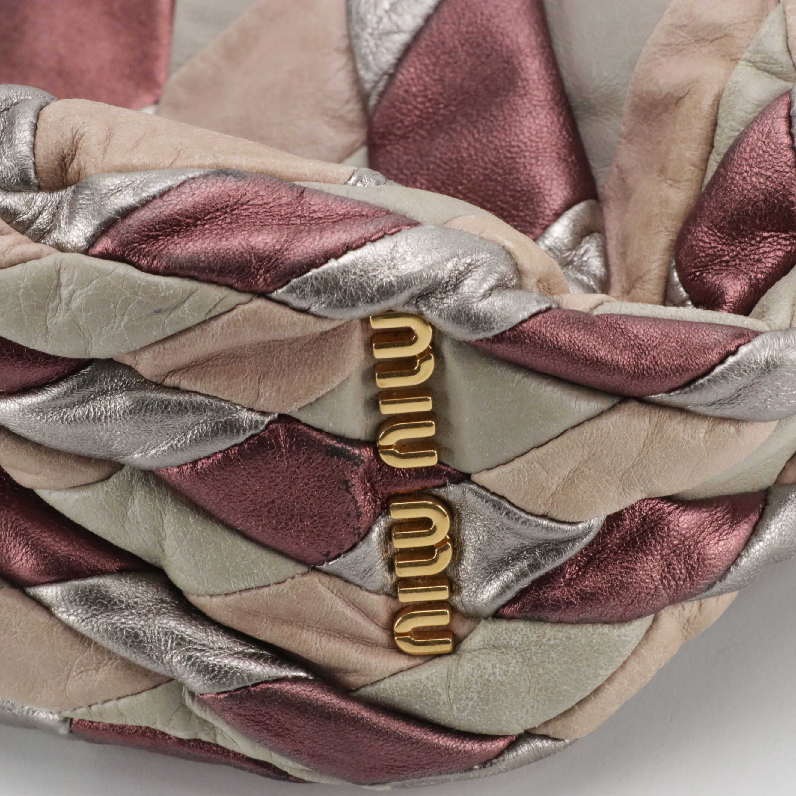 Miu Miu Braided Strap Harlequin Two-Way Bag in Silver/Pink Patchwork Leather
