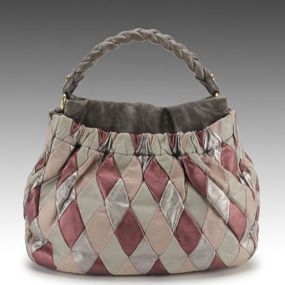 Miu Miu Braided Strap Harlequin Two-Way Bag in Silver/Pink Patchwork Leather