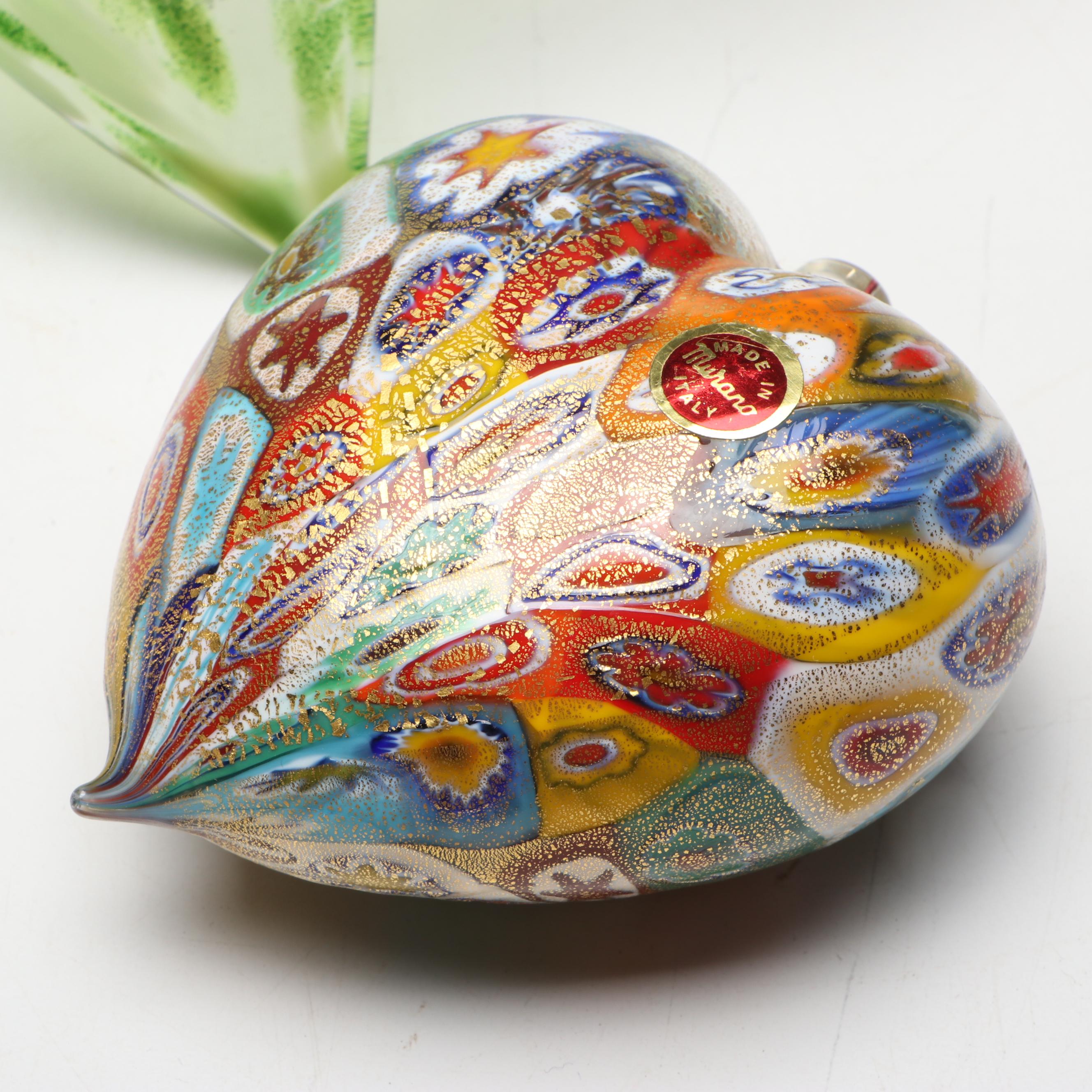 Murano Blown Glass Millefiori Heart and Lily Flower