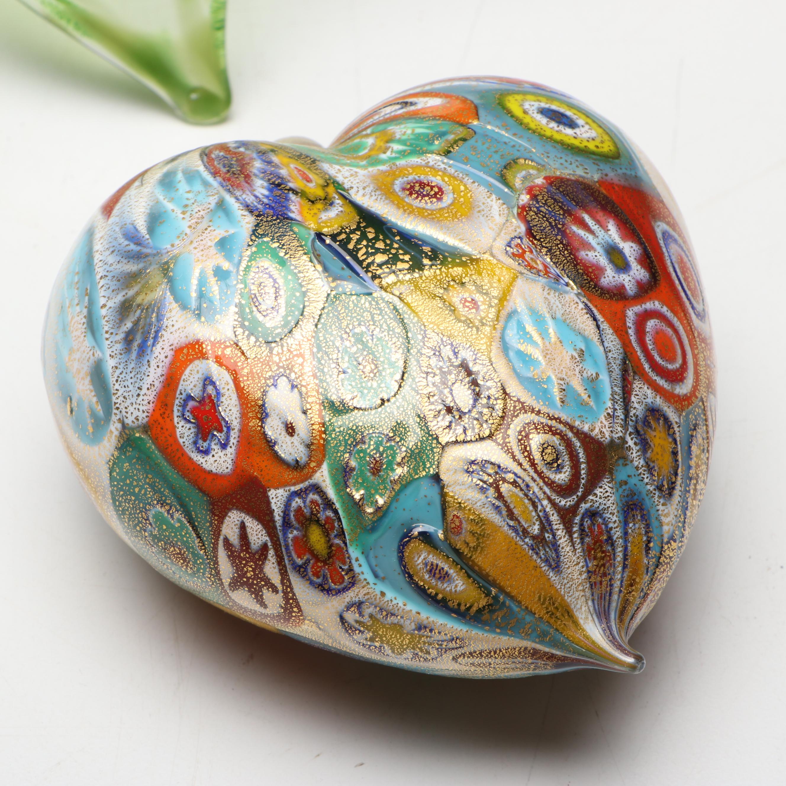 Murano Blown Glass Millefiori Heart and Lily Flower