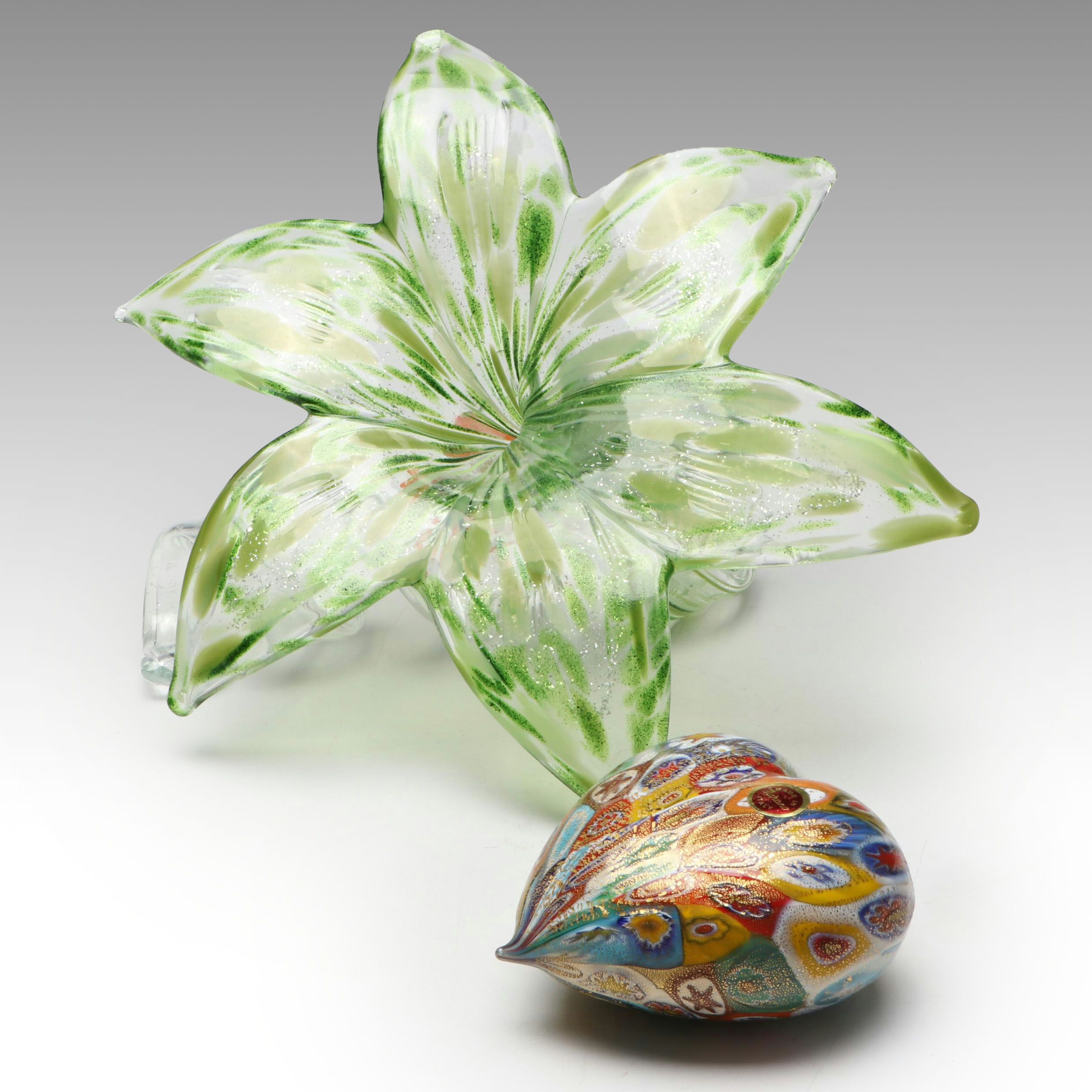 Murano Blown Glass Millefiori Heart and Lily Flower