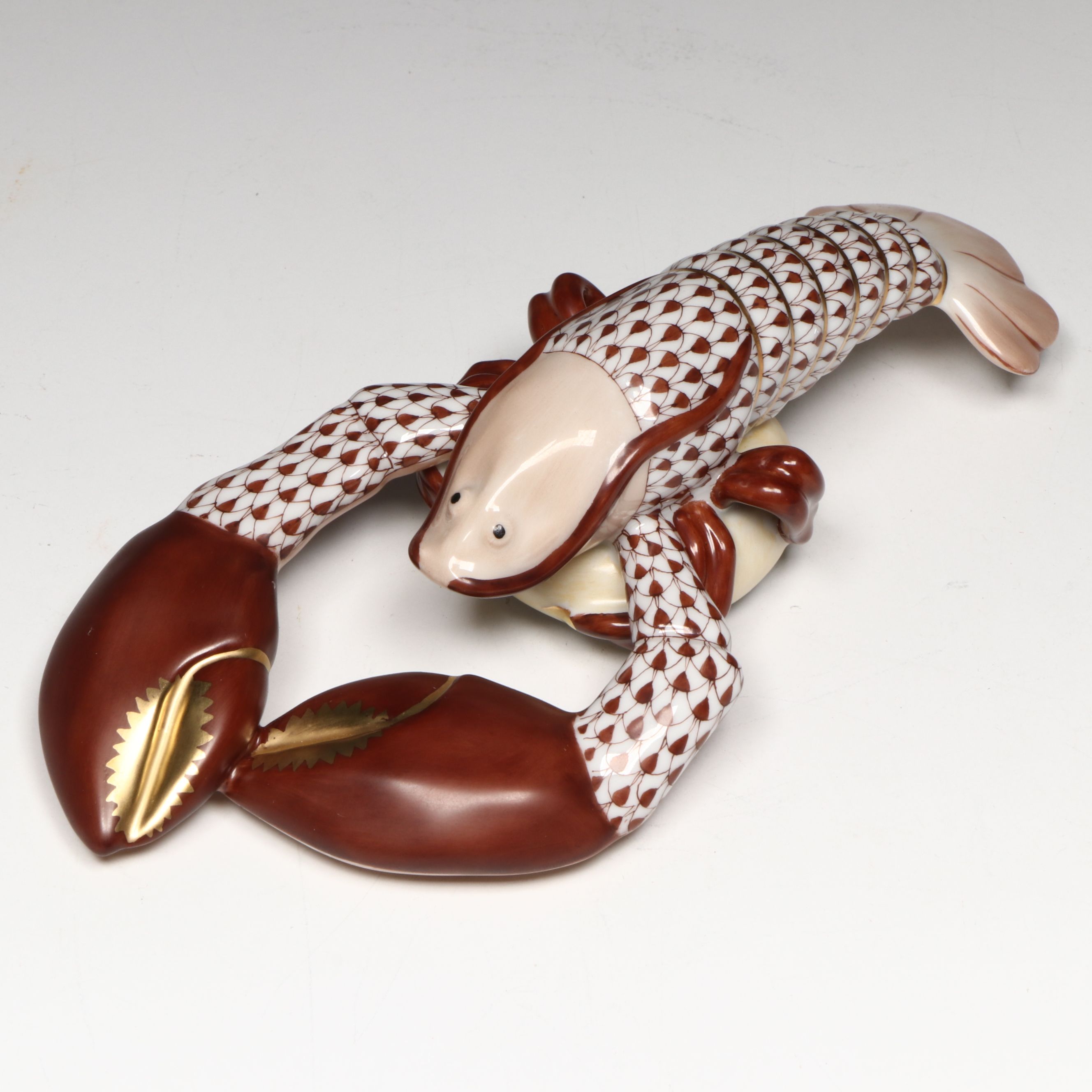 Herend Chocolate Fishnet with Gold "Lobster" Porcelain Figurine