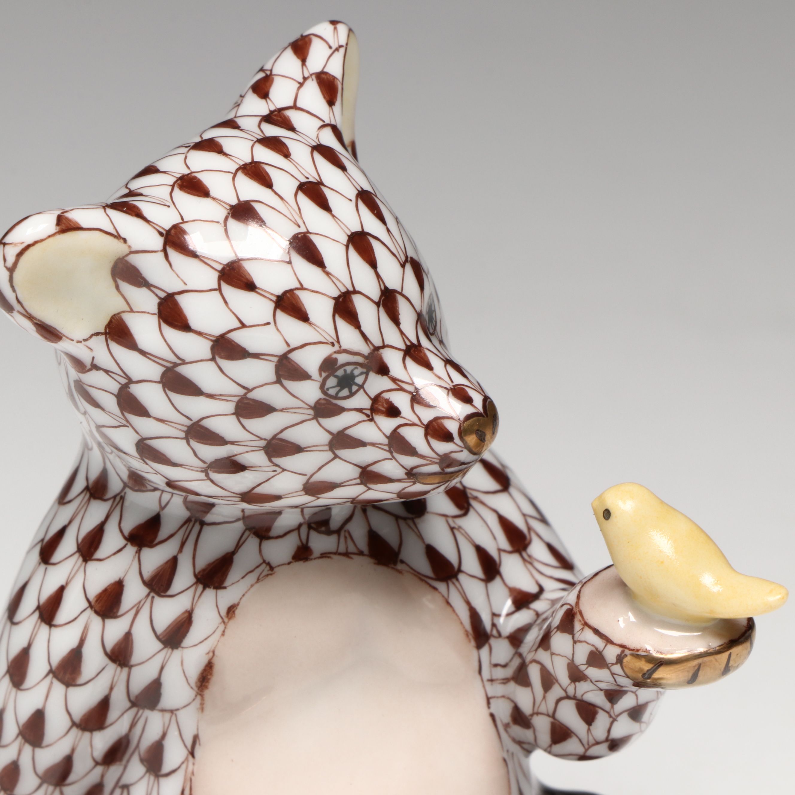 Herend Chocolate Fishnet with Gold "Bear with Bird" Porcelain Figurine