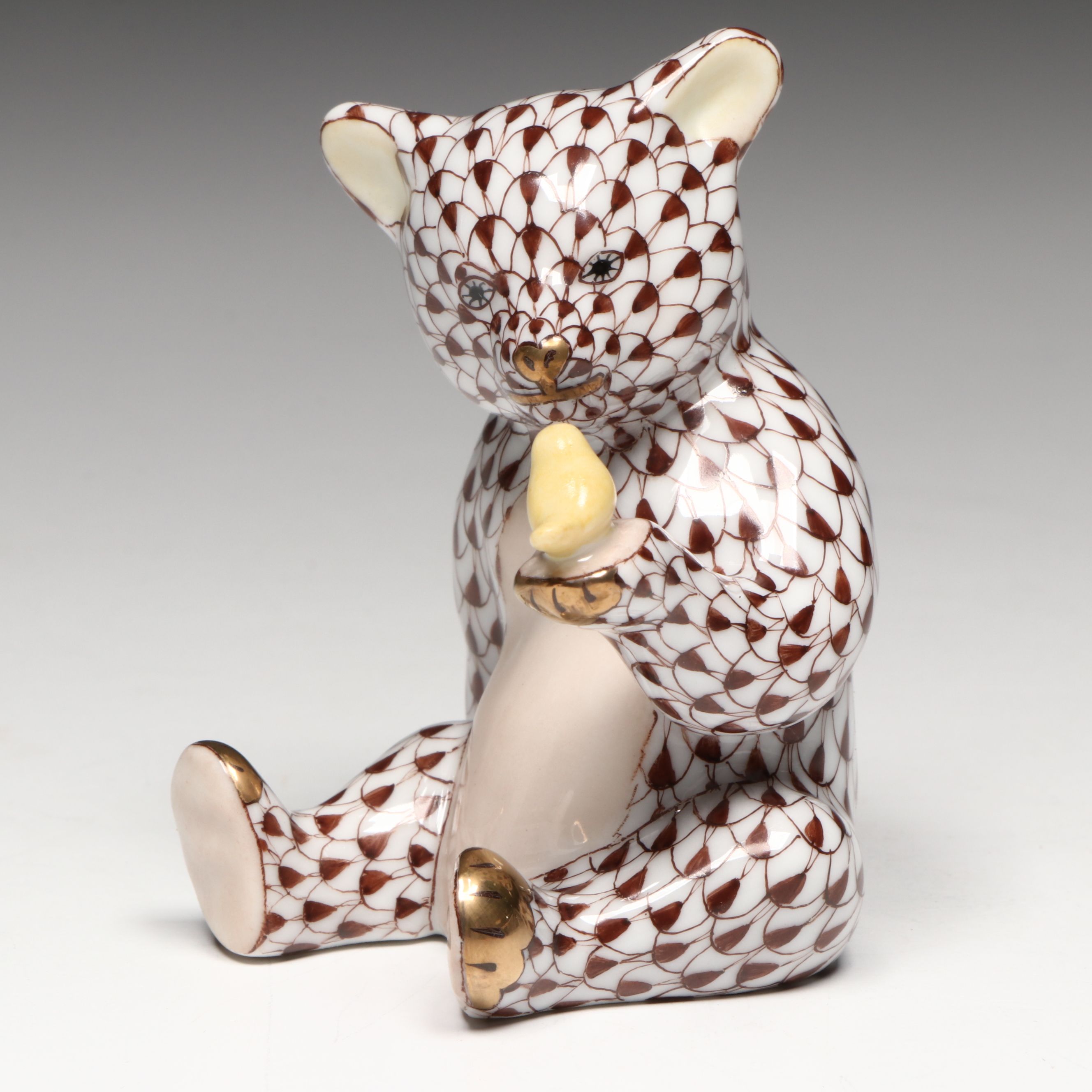 Herend Chocolate Fishnet with Gold "Bear with Bird" Porcelain Figurine