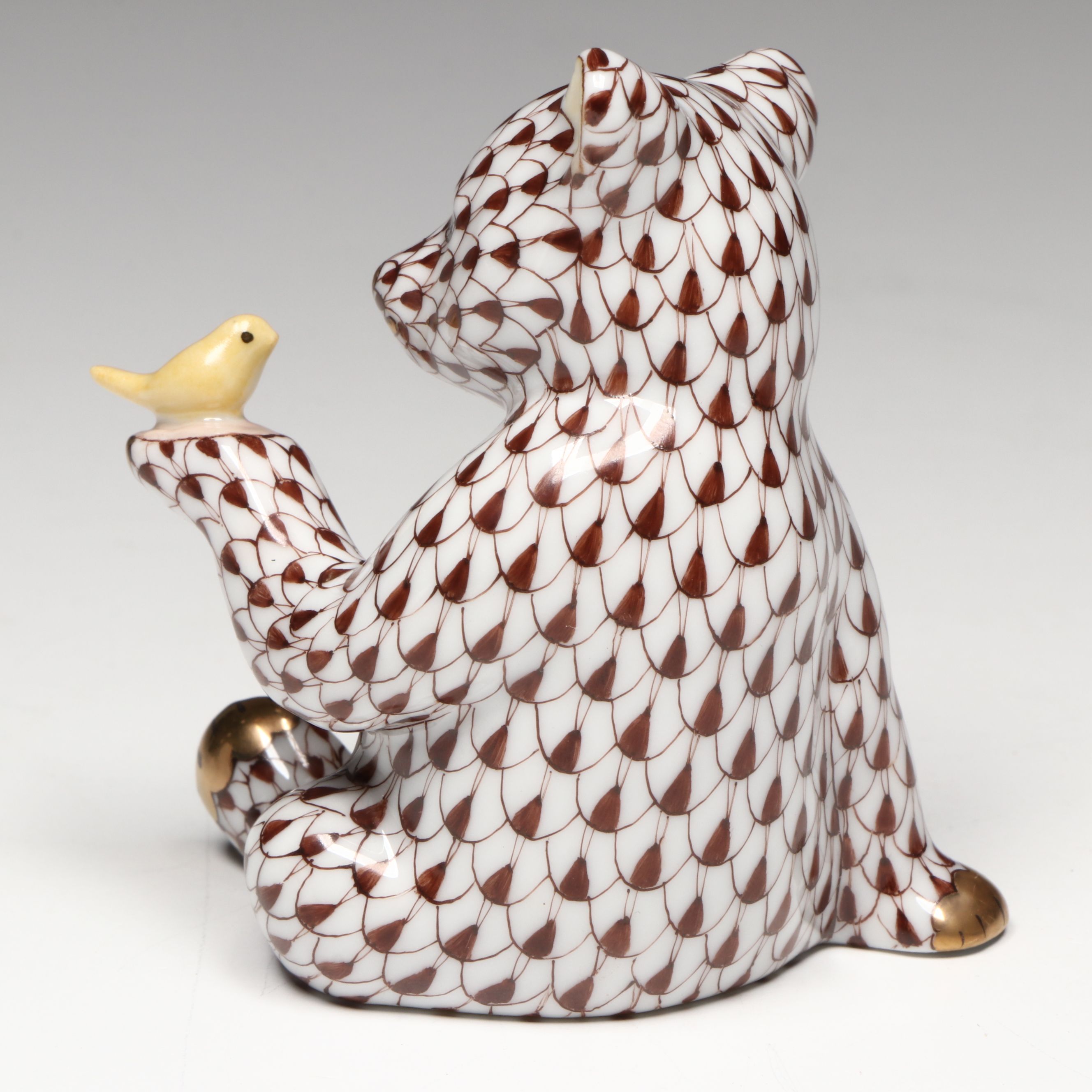 Herend Chocolate Fishnet with Gold "Bear with Bird" Porcelain Figurine