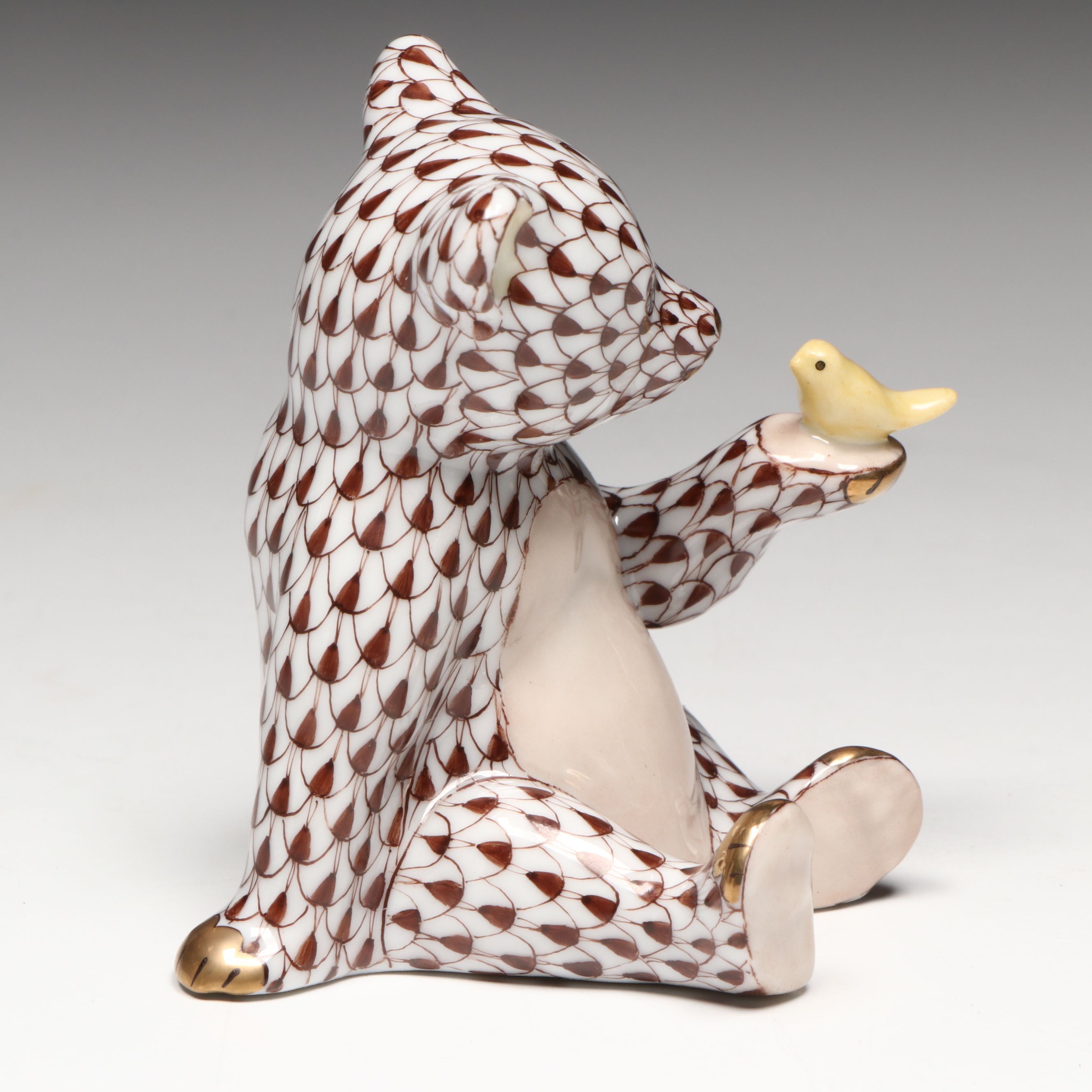 Herend Chocolate Fishnet with Gold "Bear with Bird" Porcelain Figurine