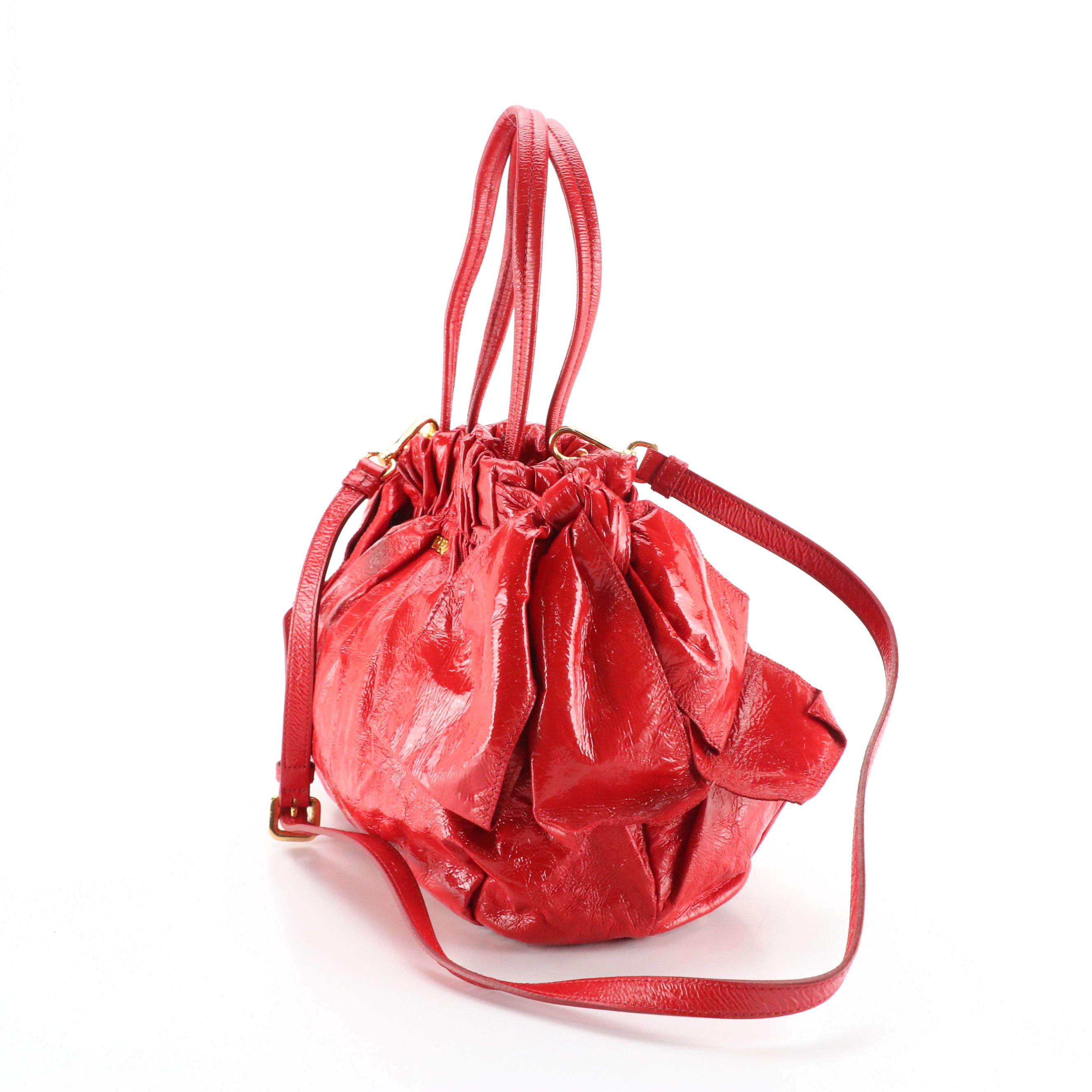 Prada Side Bow Two-Way Tote in Red Crinkled Patent Lambskin Leather