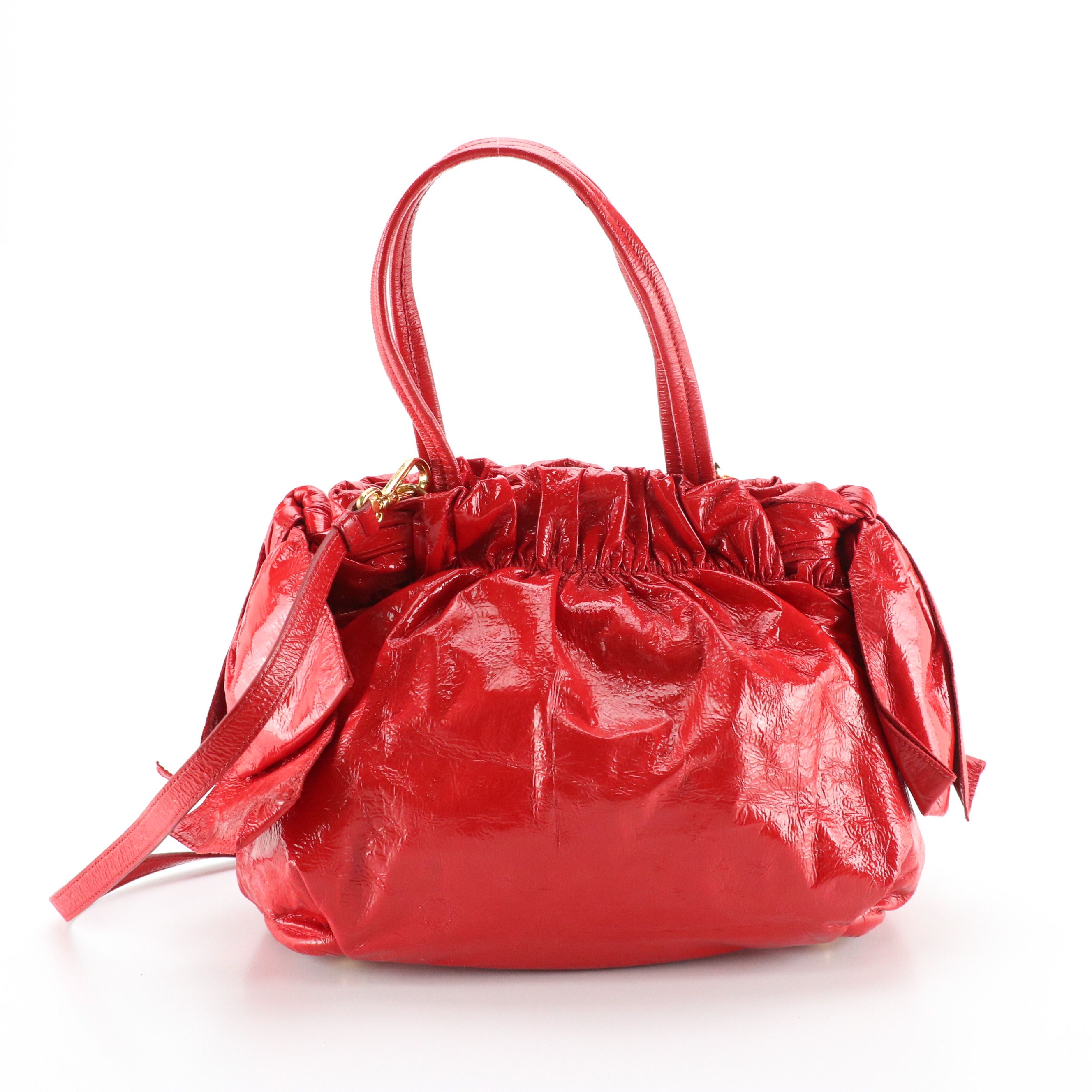 Prada Side Bow Two-Way Tote in Red Crinkled Patent Lambskin Leather
