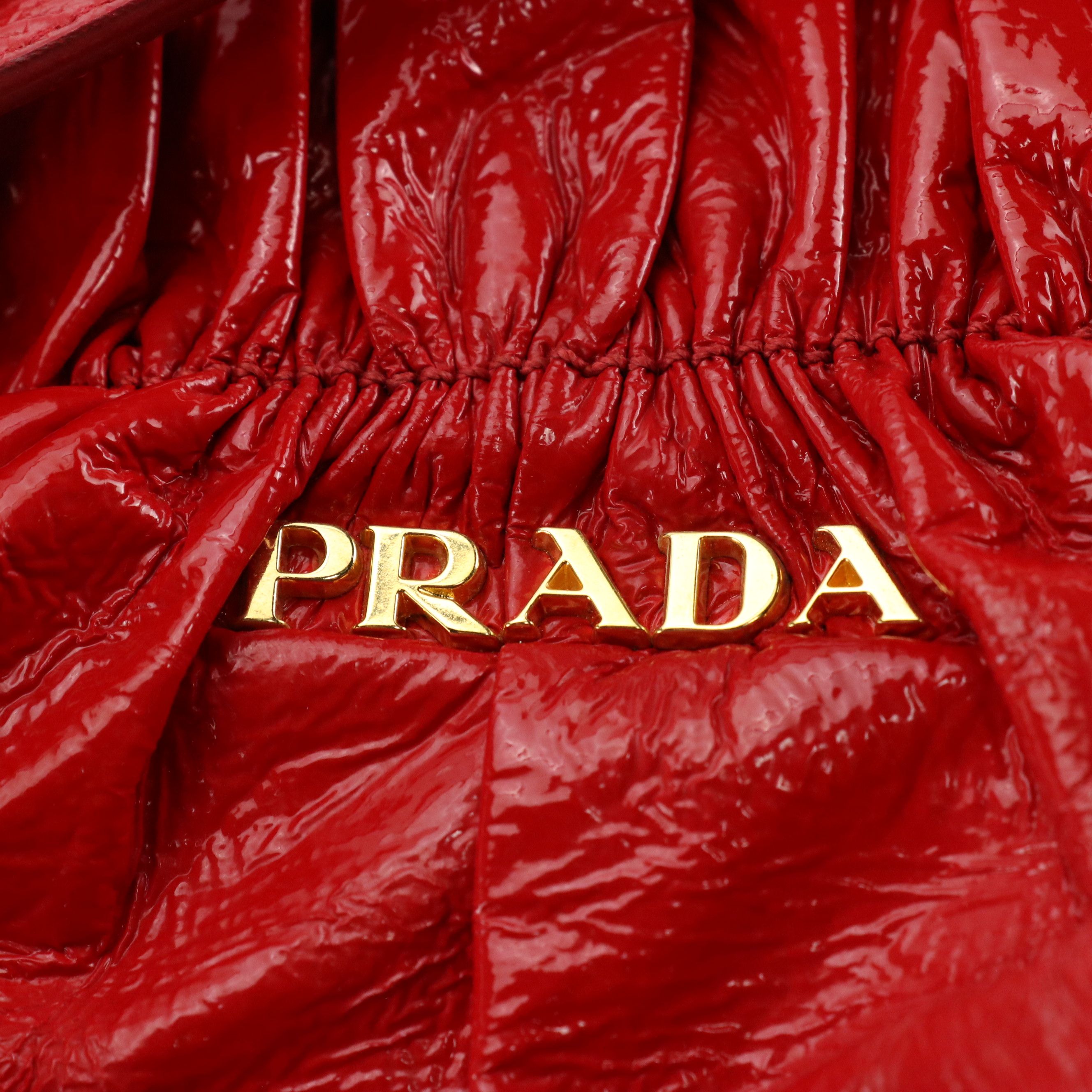 Prada Side Bow Two-Way Tote in Red Crinkled Patent Lambskin Leather