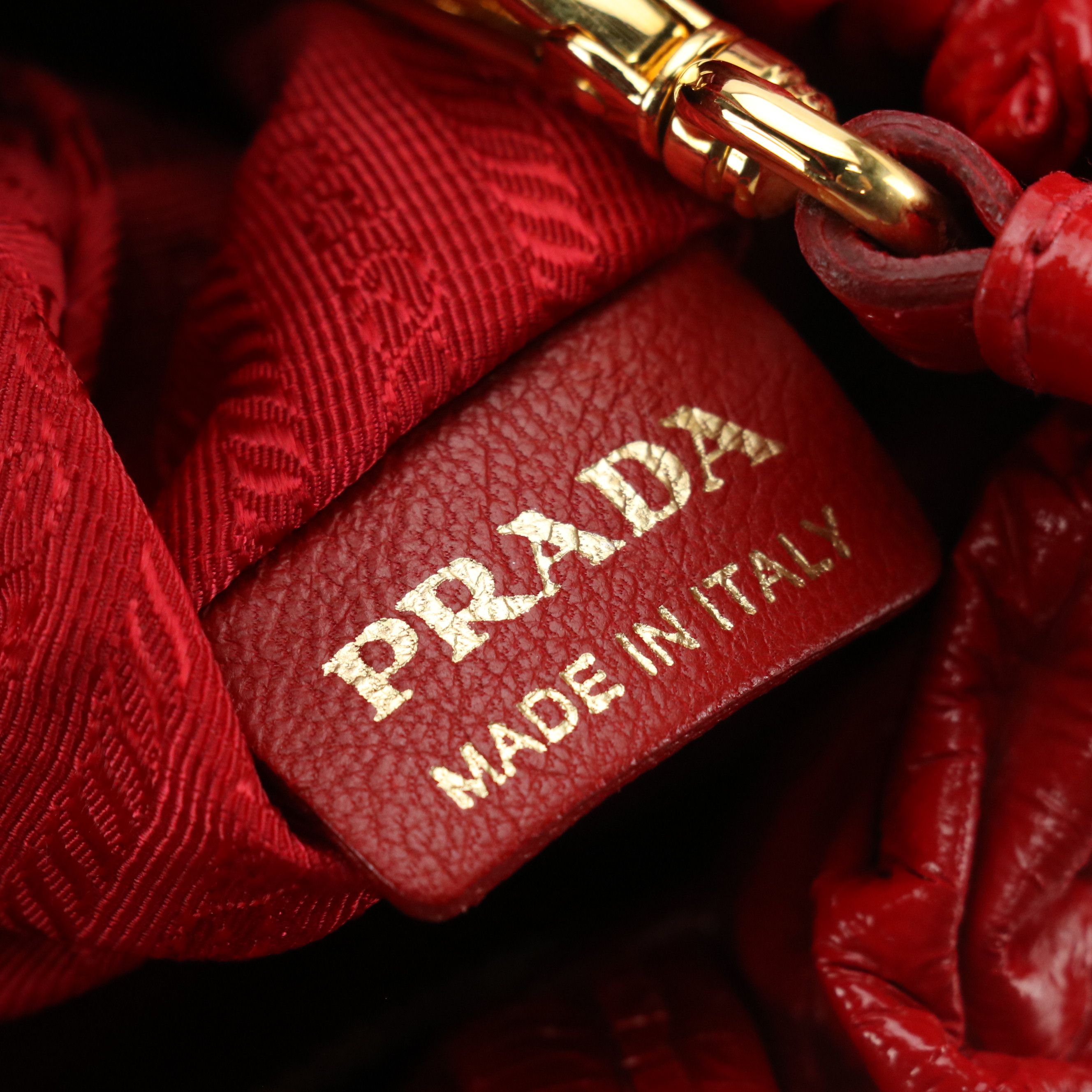 Prada Side Bow Two-Way Tote in Red Crinkled Patent Lambskin Leather