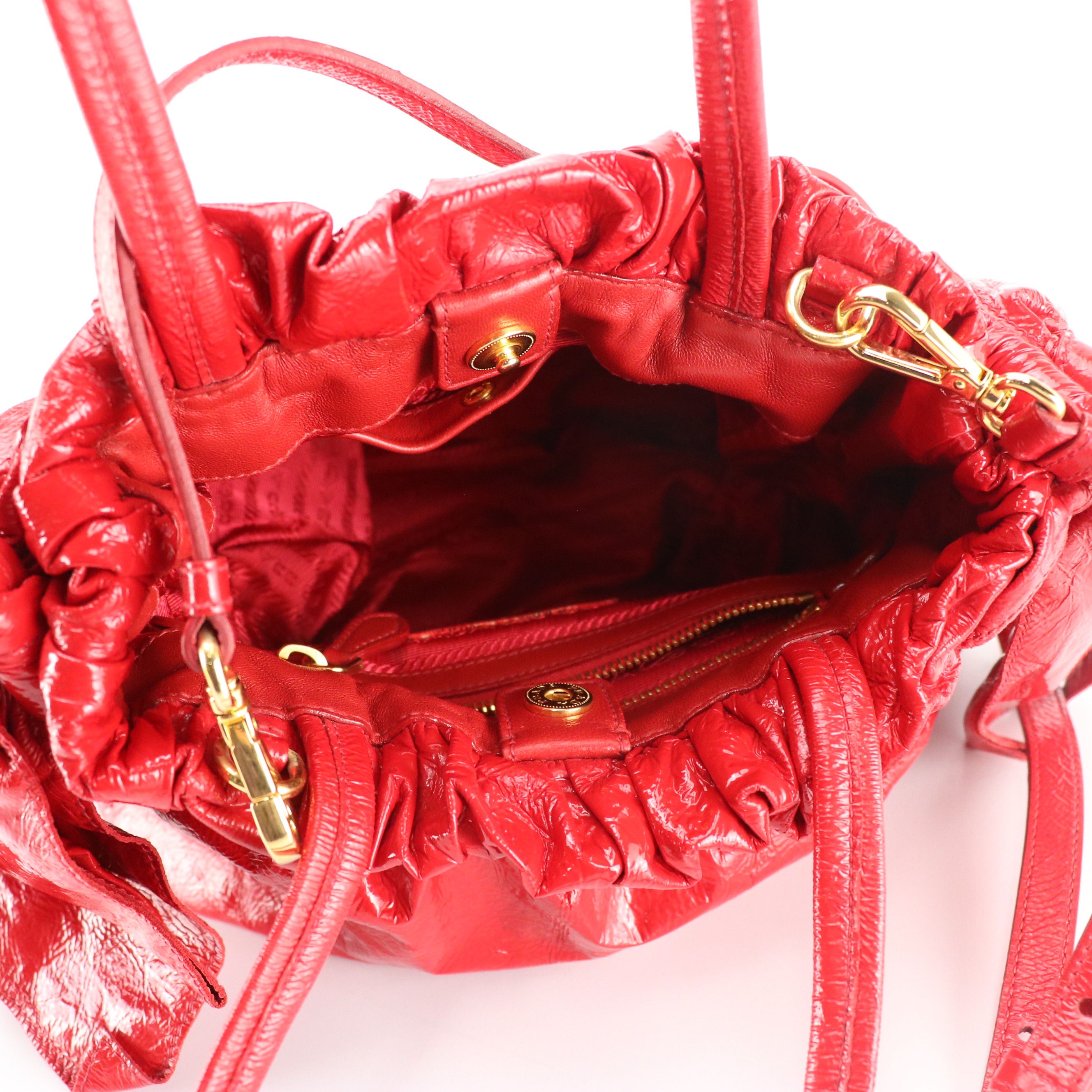 Prada Side Bow Two-Way Tote in Red Crinkled Patent Lambskin Leather