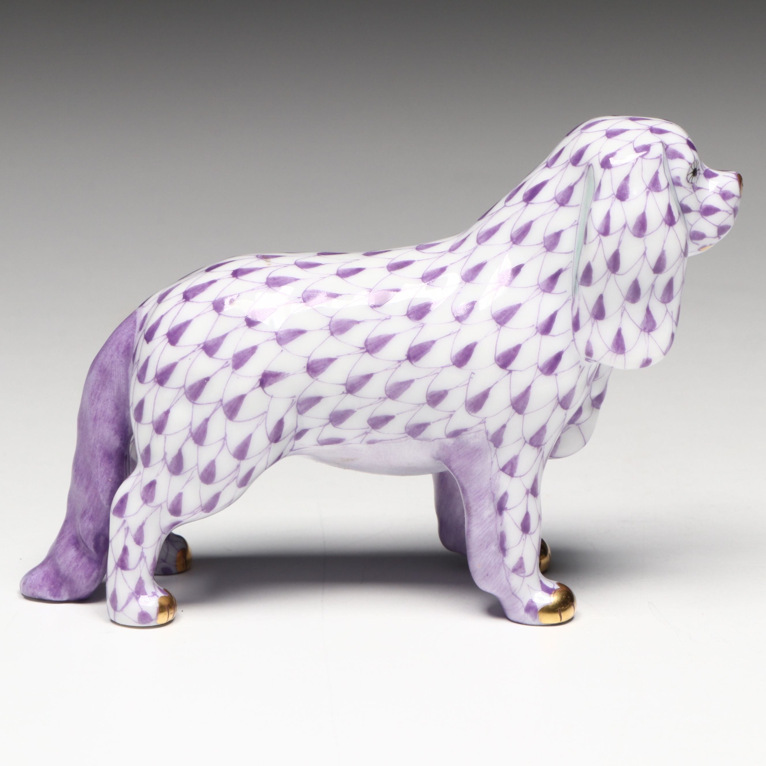 Herend Lavender Fishnet with Gold "Cavalier King Charles" Porcelain Figurine
