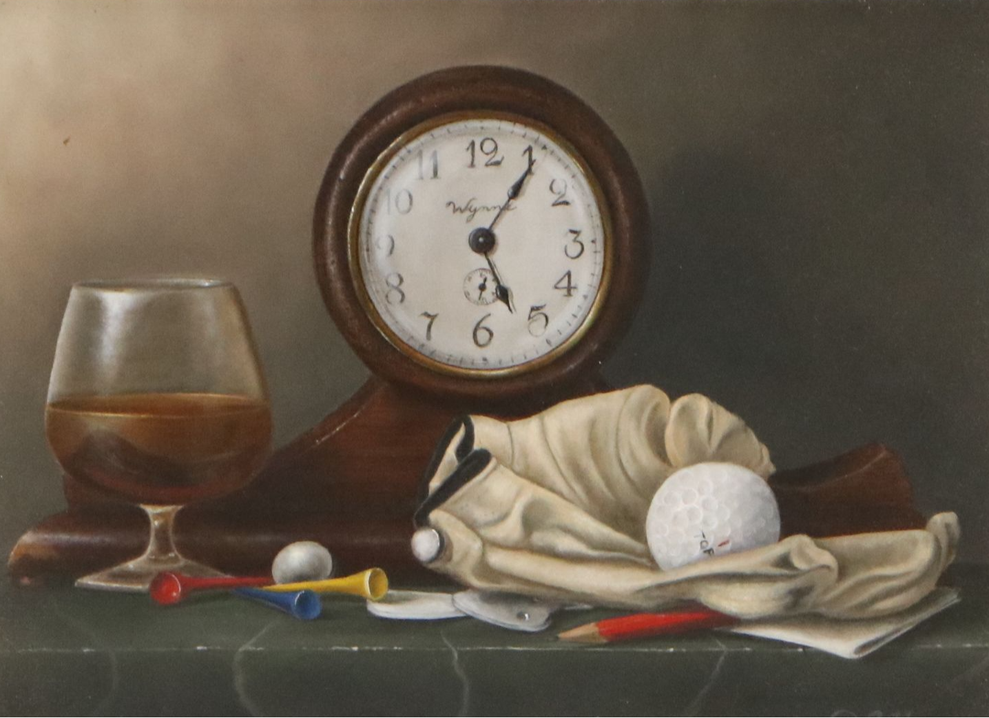 Joseph Vella Still Life Oil Painting with Clock and Golf Tees