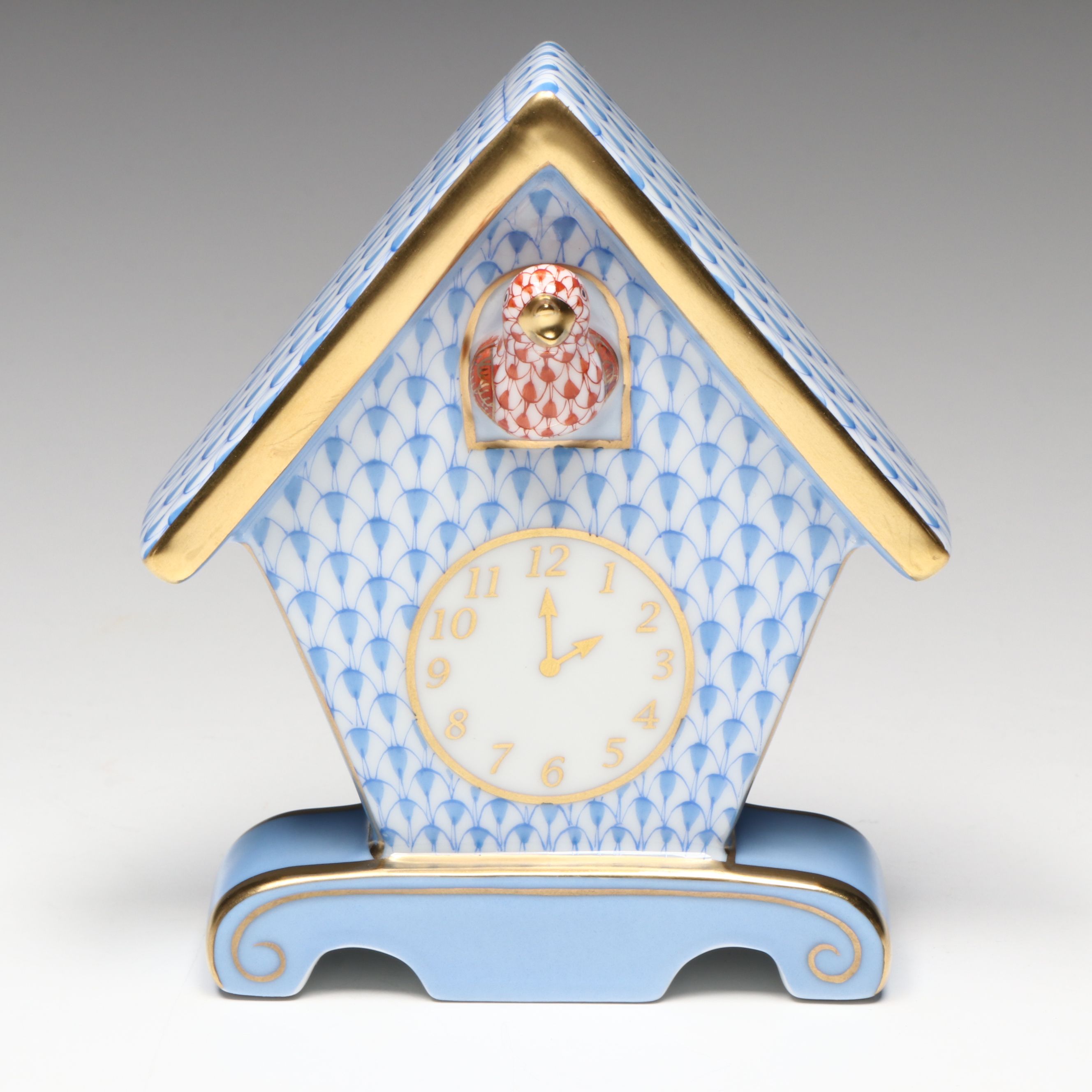 Herend Blue and Rust Fishnet with Gold "Cuckoo Clock" Porcelain Figurine