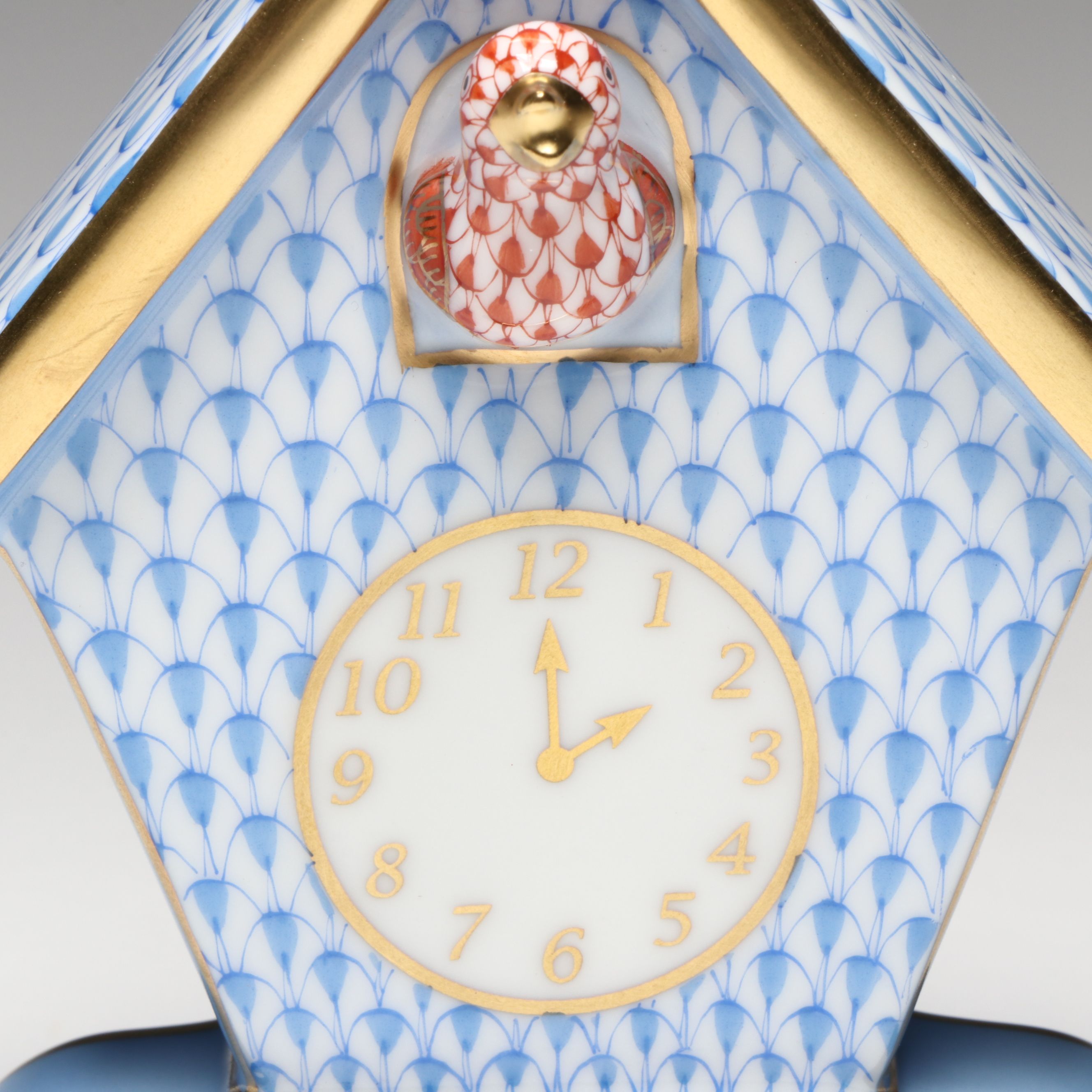 Herend Blue and Rust Fishnet with Gold "Cuckoo Clock" Porcelain Figurine