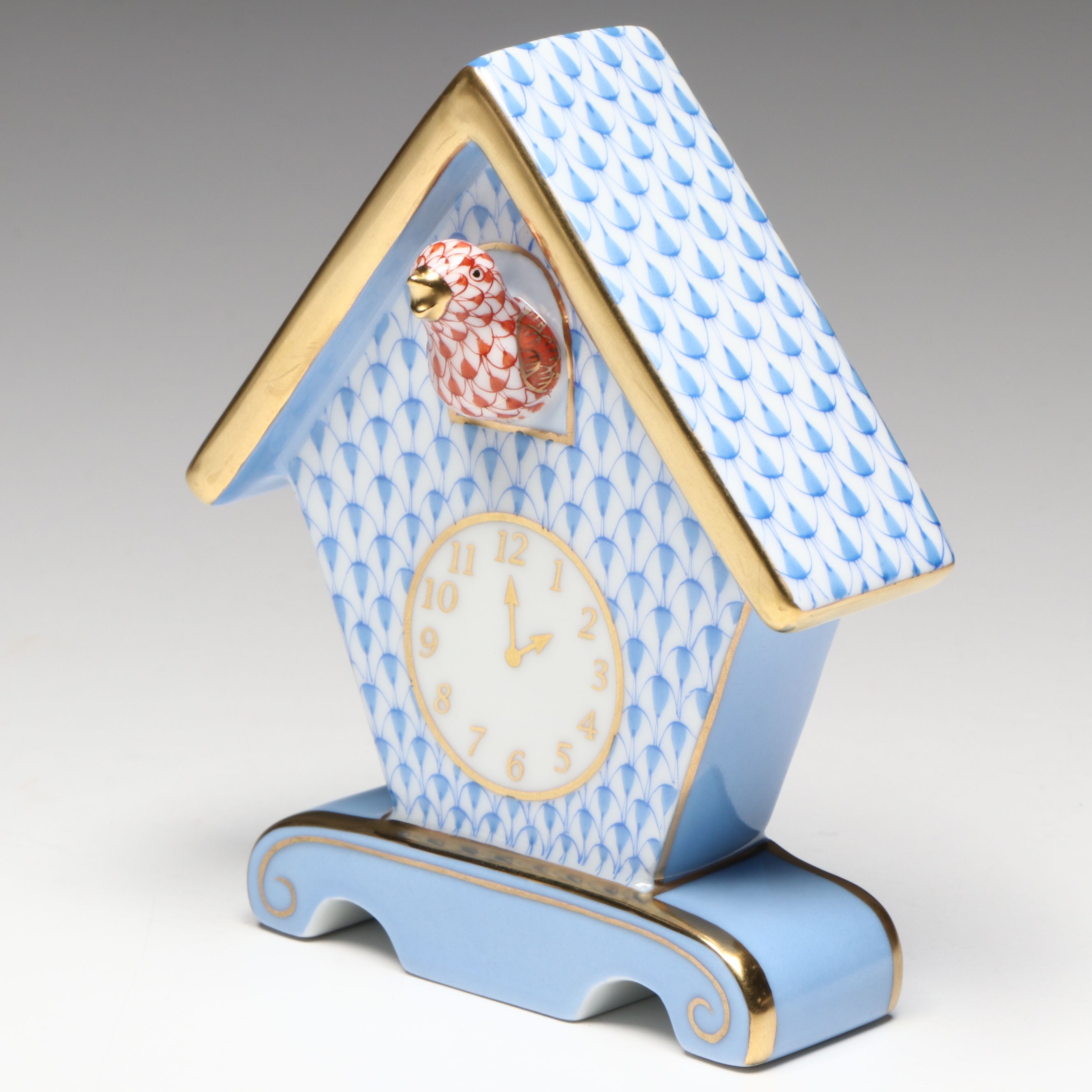 Herend Blue and Rust Fishnet with Gold "Cuckoo Clock" Porcelain Figurine