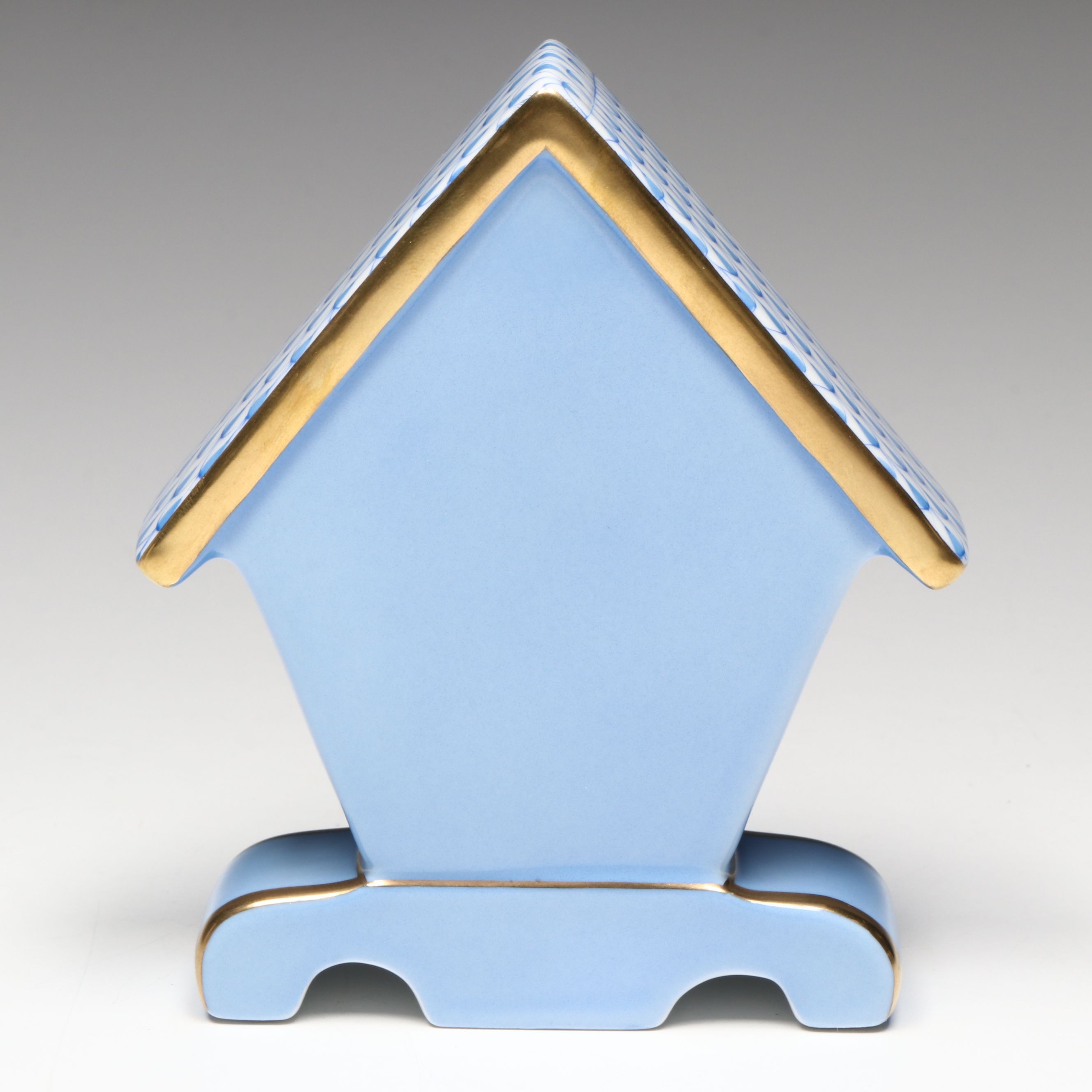 Herend Blue and Rust Fishnet with Gold "Cuckoo Clock" Porcelain Figurine