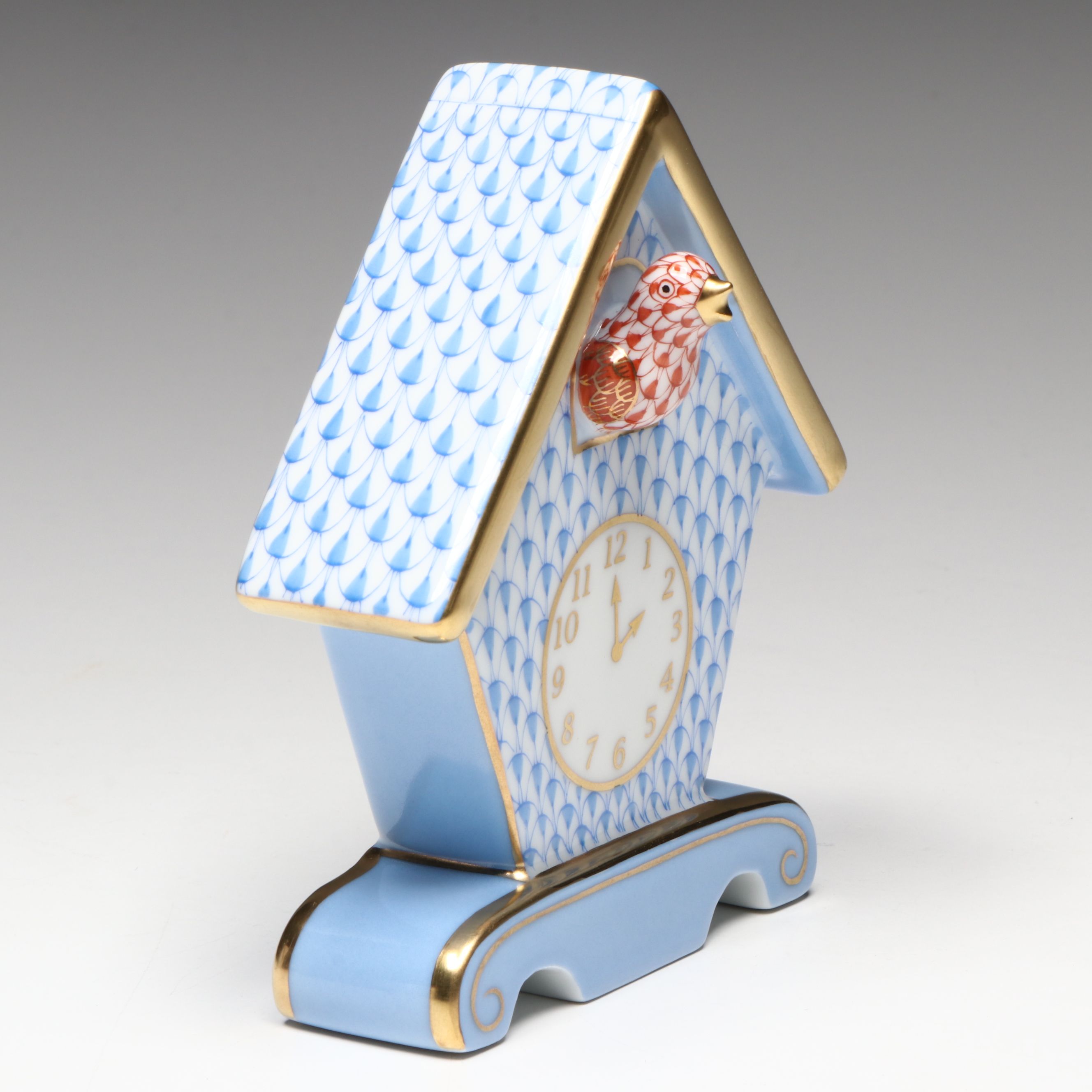 Herend Blue and Rust Fishnet with Gold "Cuckoo Clock" Porcelain Figurine