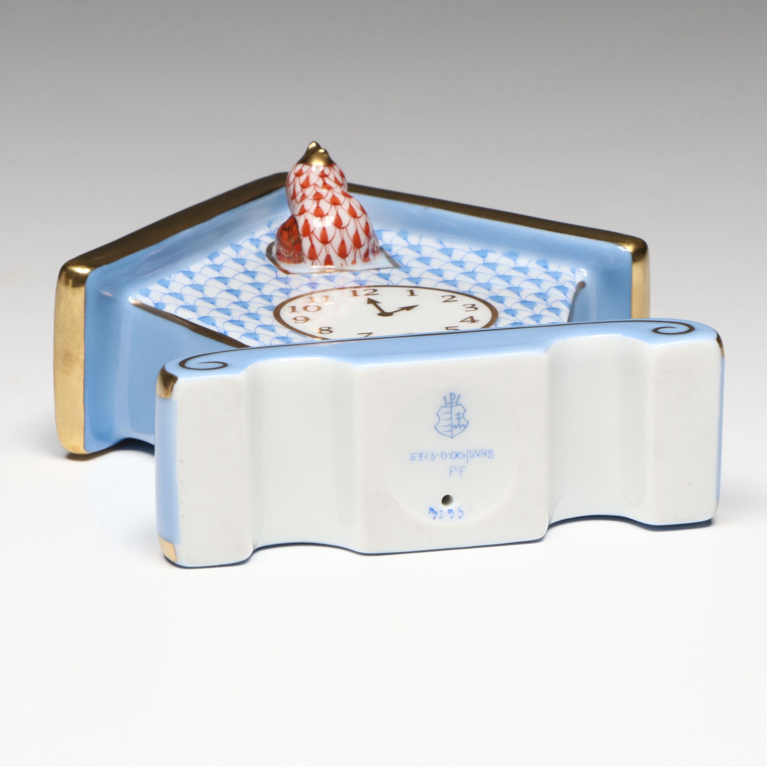 Herend Blue and Rust Fishnet with Gold "Cuckoo Clock" Porcelain Figurine