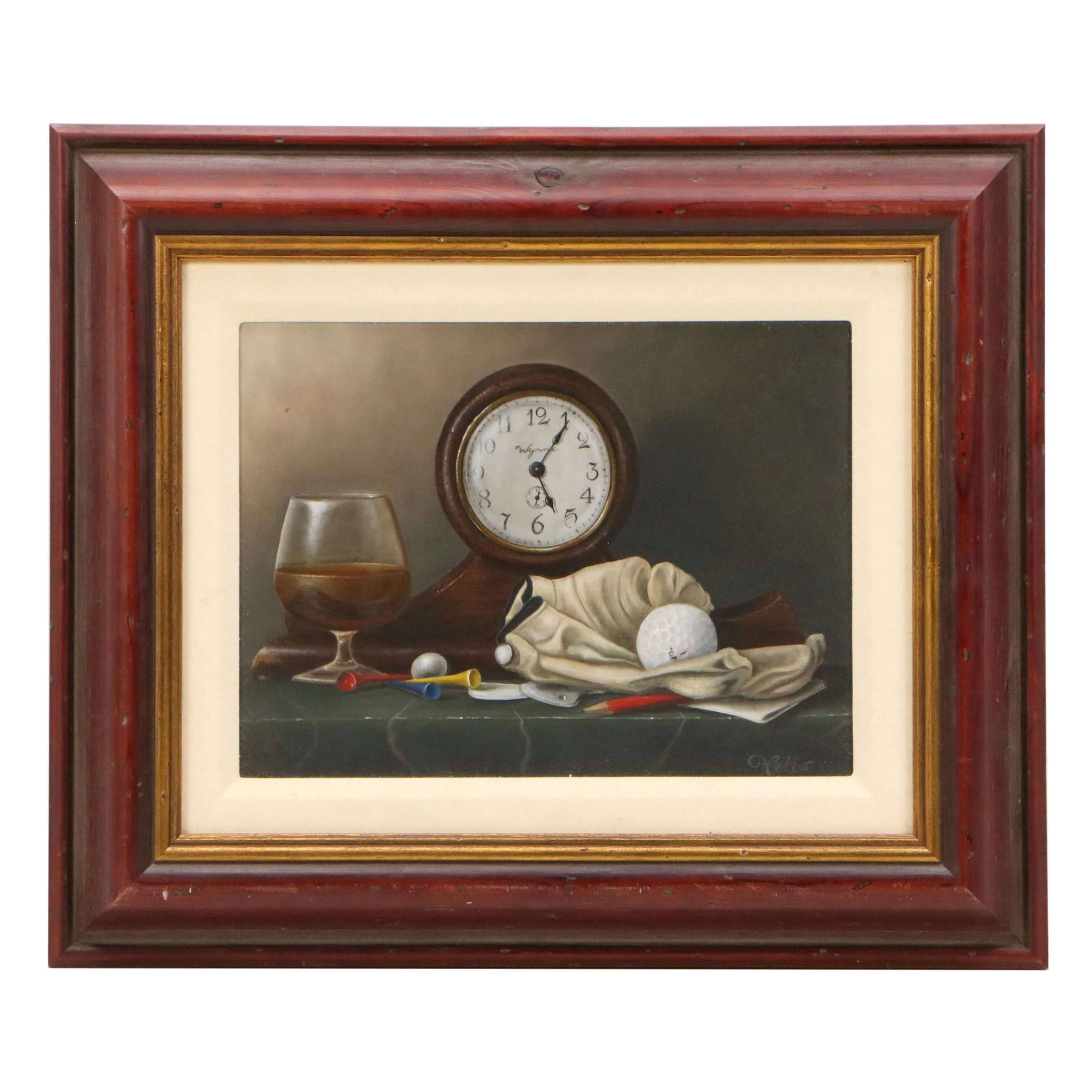 Joseph Vella Still Life Oil Painting with Clock and Golf Tees