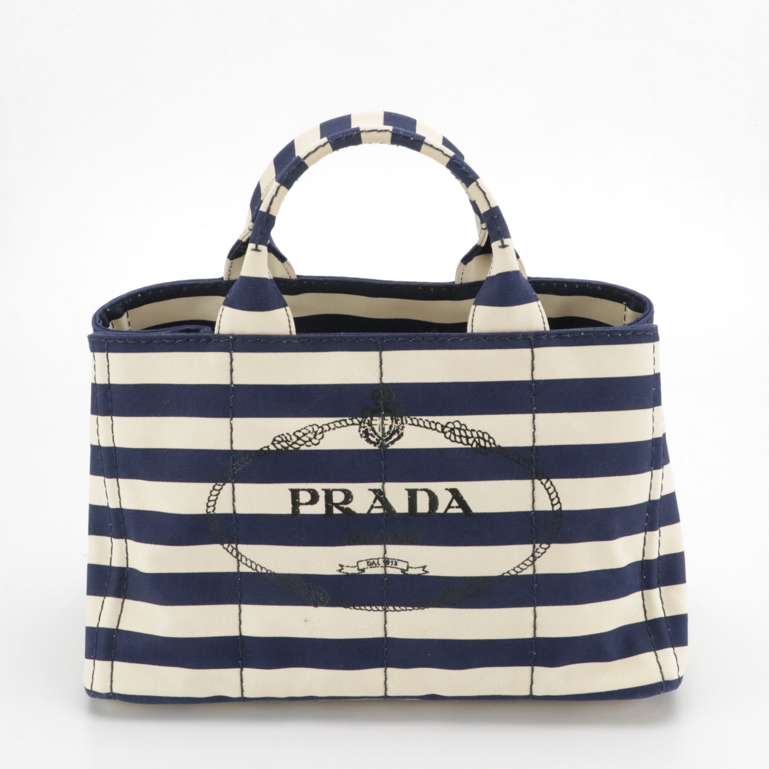 Prada Navy Blue and White Striped Large Canapa Logo Two-Way Tote