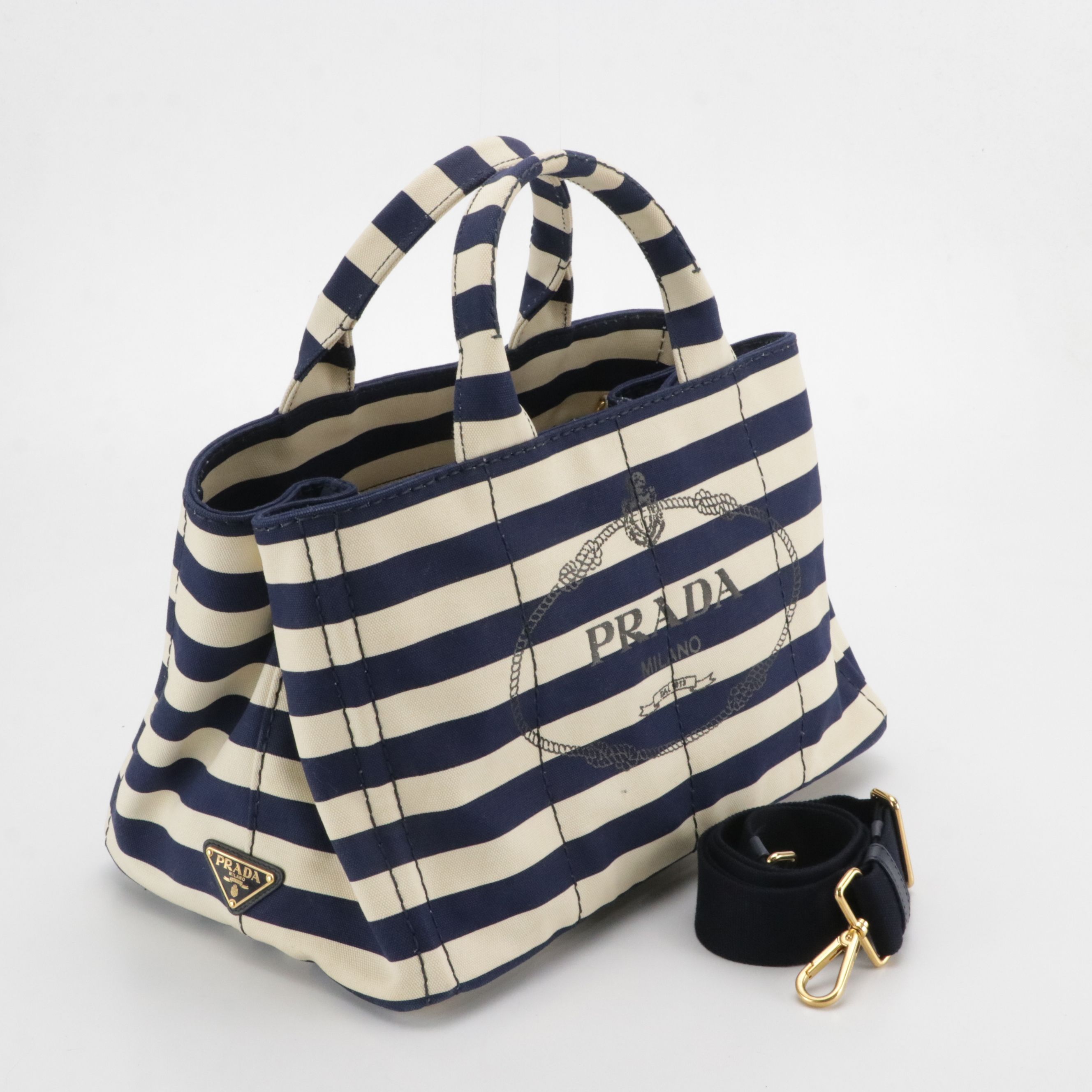 Prada Navy Blue and White Striped Large Canapa Logo Two-Way Tote