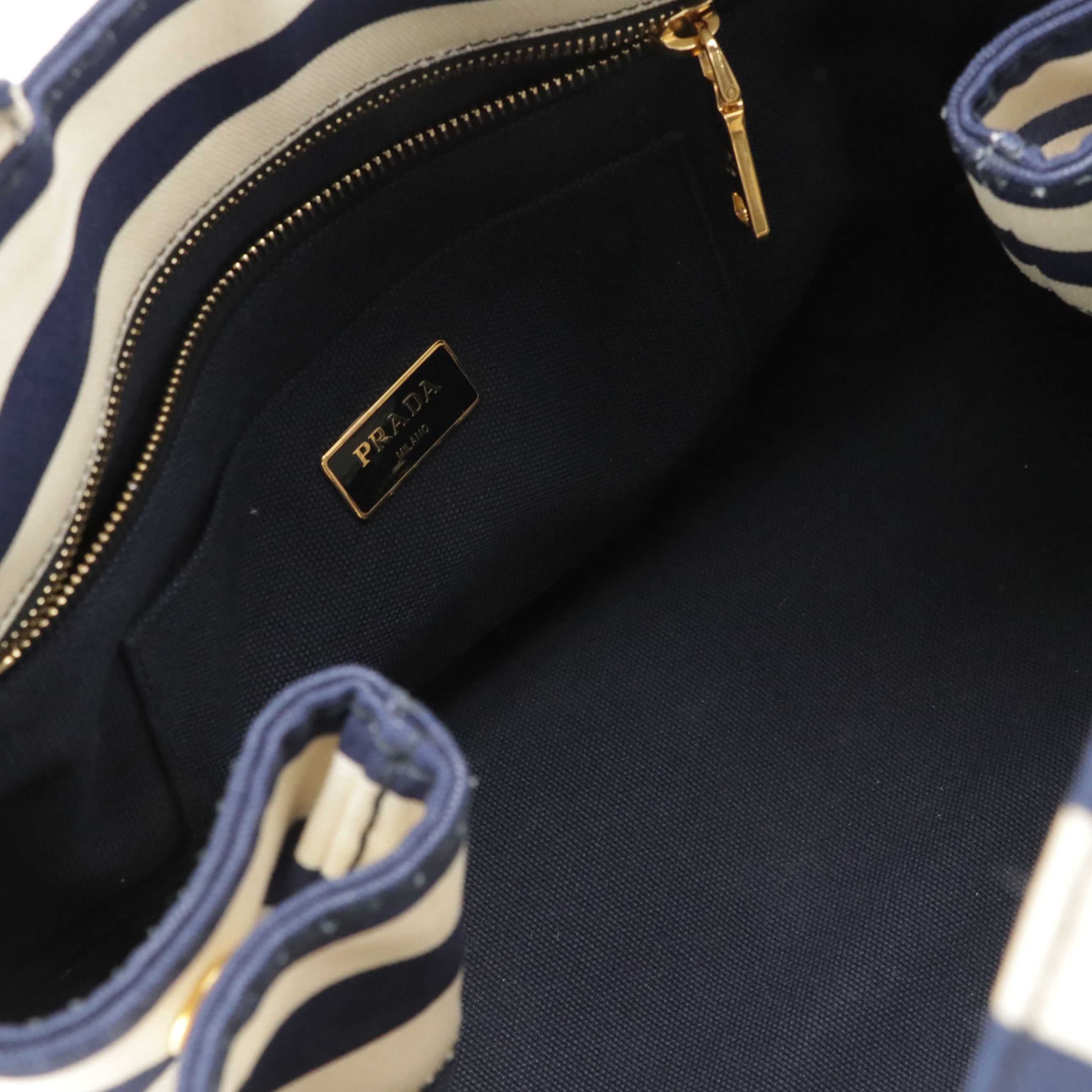 Prada Navy Blue and White Striped Large Canapa Logo Two-Way Tote