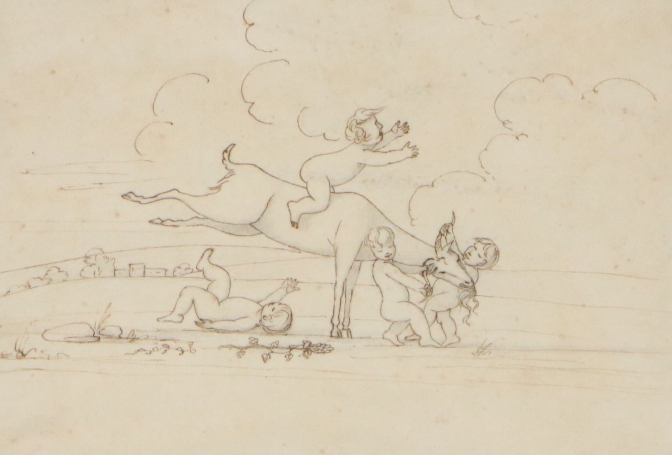 Stylized Ink Drawing of Children with Goat, 20th Century