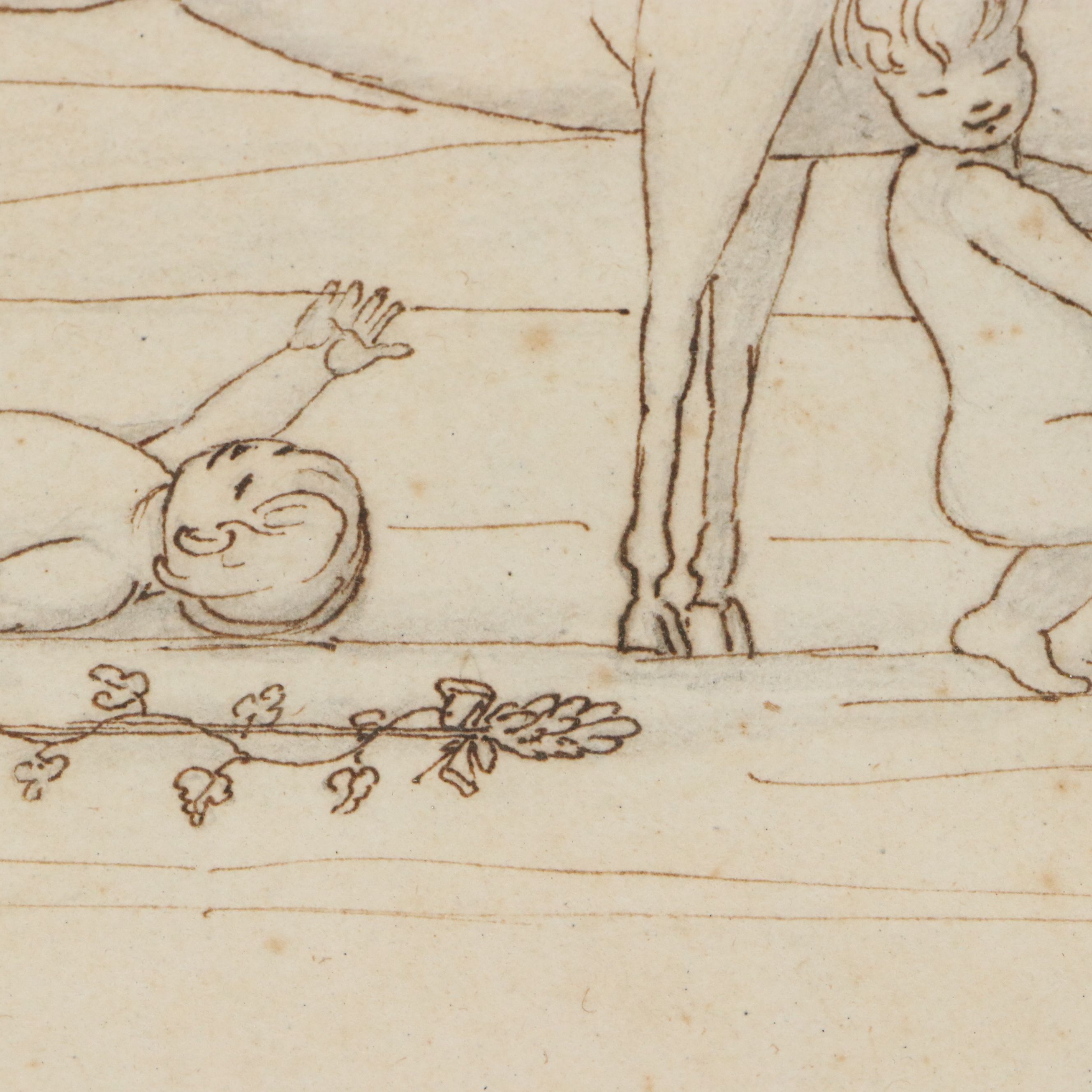 Stylized Ink Drawing of Children with Goat, 20th Century