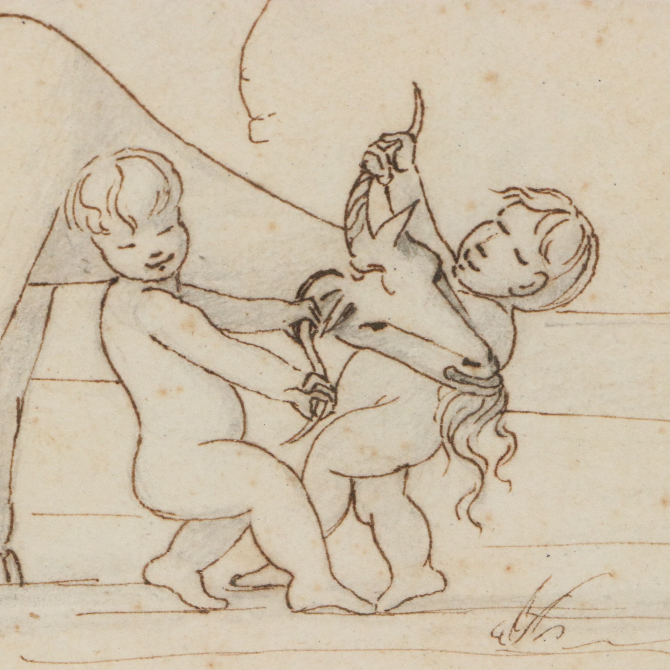Stylized Ink Drawing of Children with Goat, 20th Century