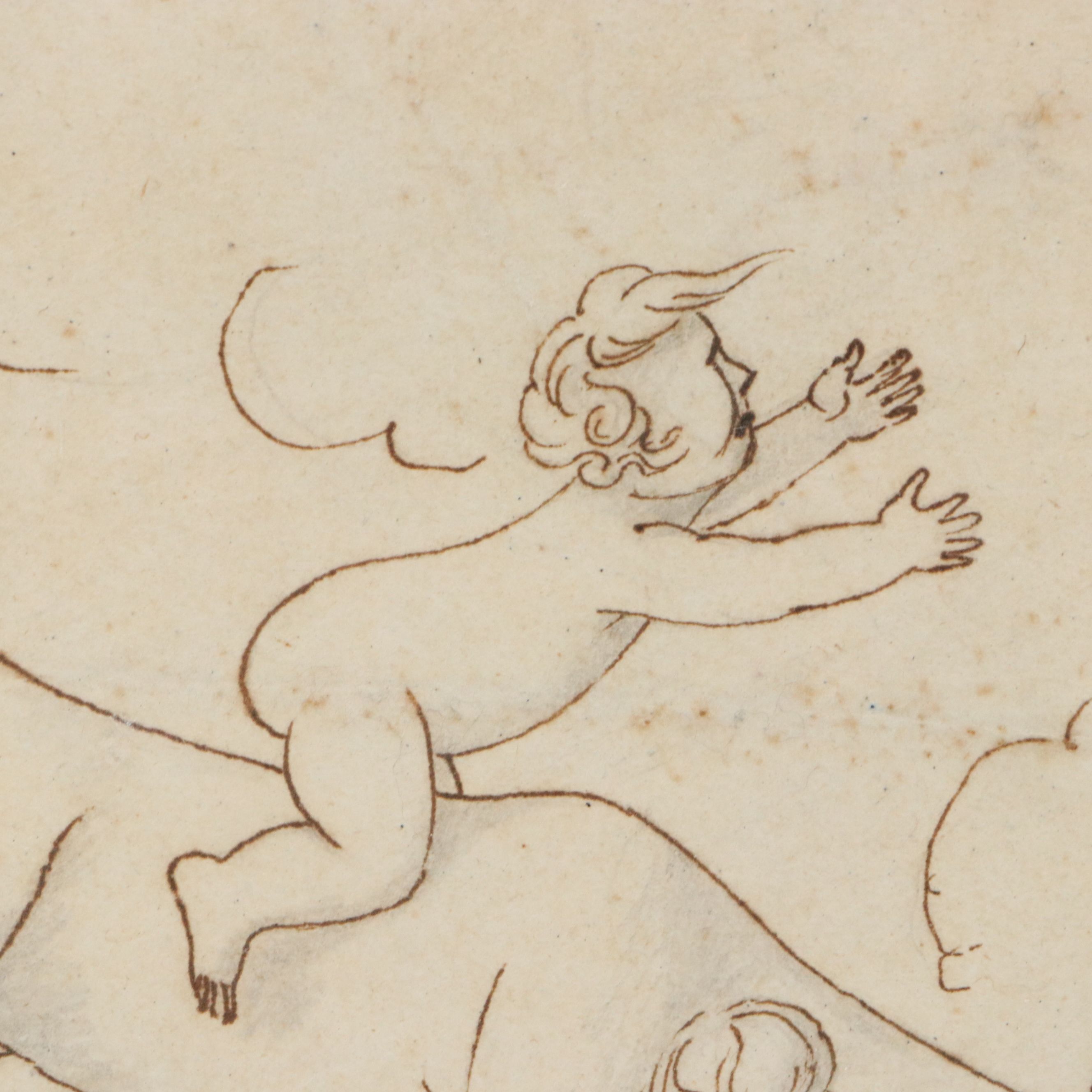 Stylized Ink Drawing of Children with Goat, 20th Century