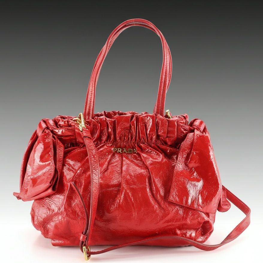 Prada Side Bow Two-Way Tote in Red Crinkled Patent Lambskin Leather