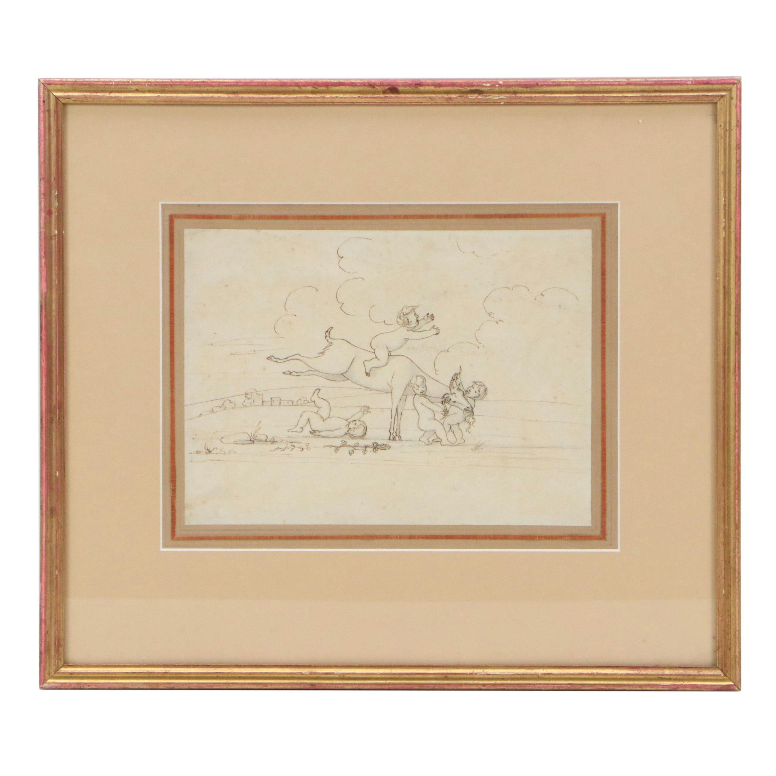 Stylized Ink Drawing of Children with Goat, 20th Century