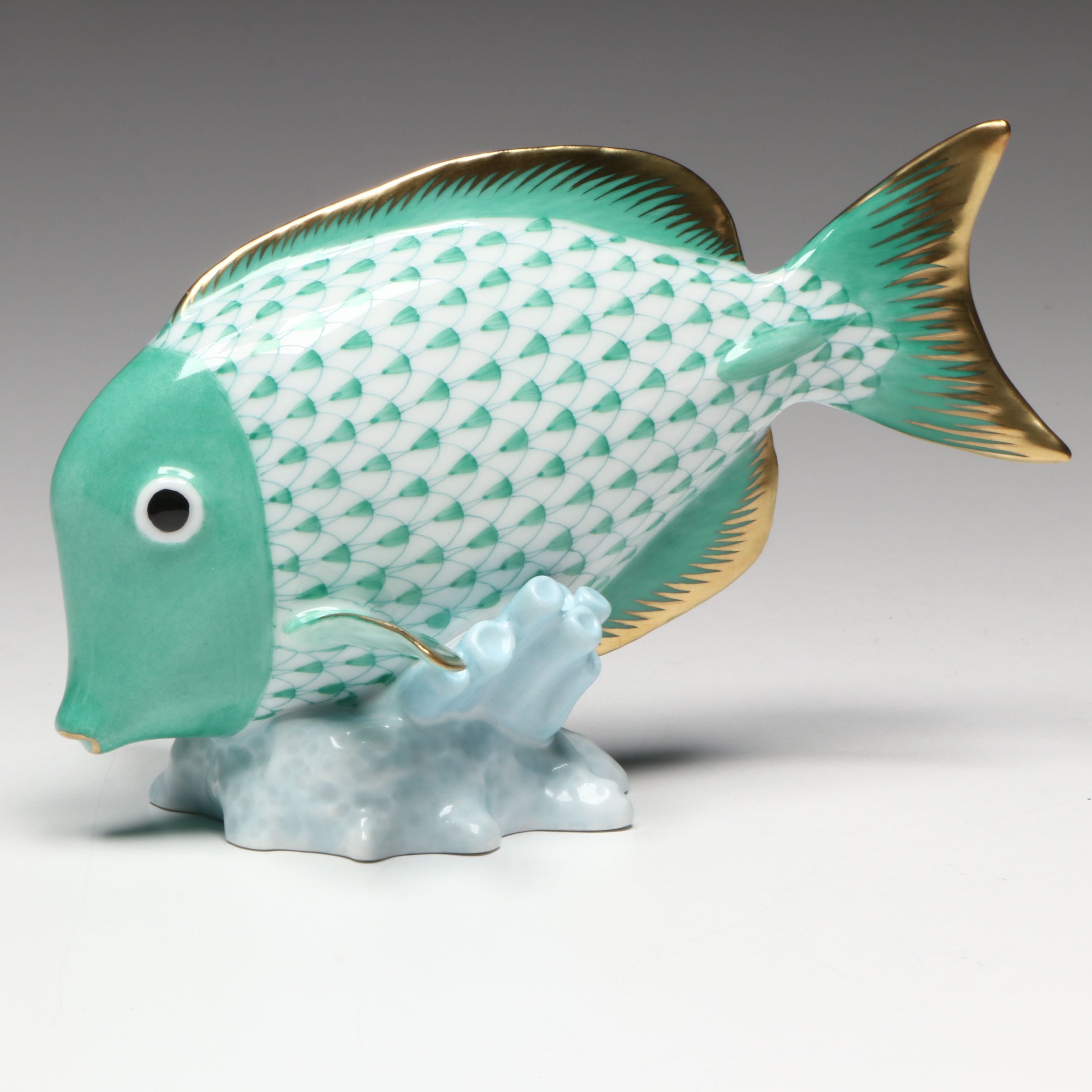 Herend Green Fishnet with Gold "Surgeon Fish" Porcelain Figurine