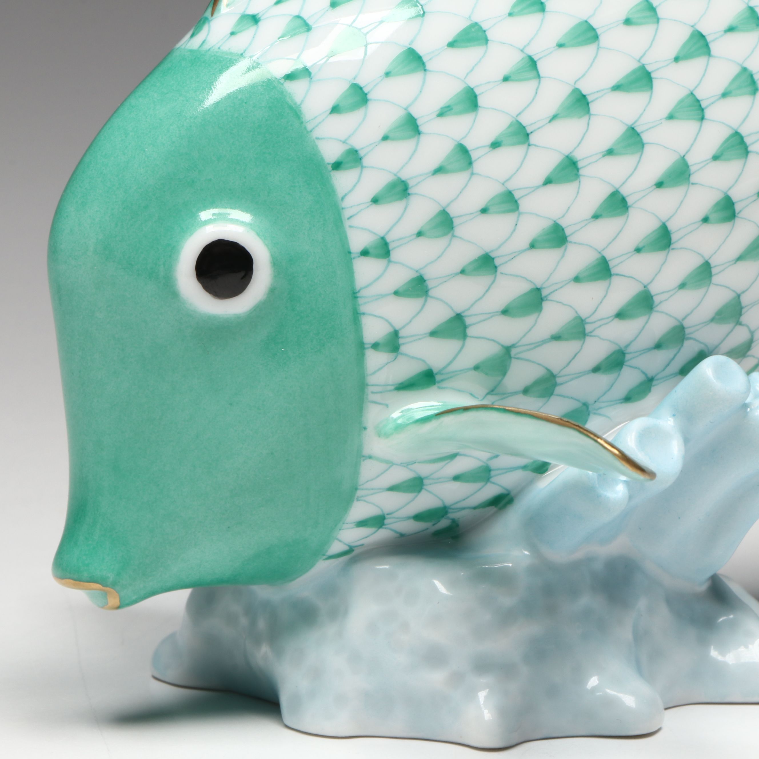 Herend Green Fishnet with Gold "Surgeon Fish" Porcelain Figurine