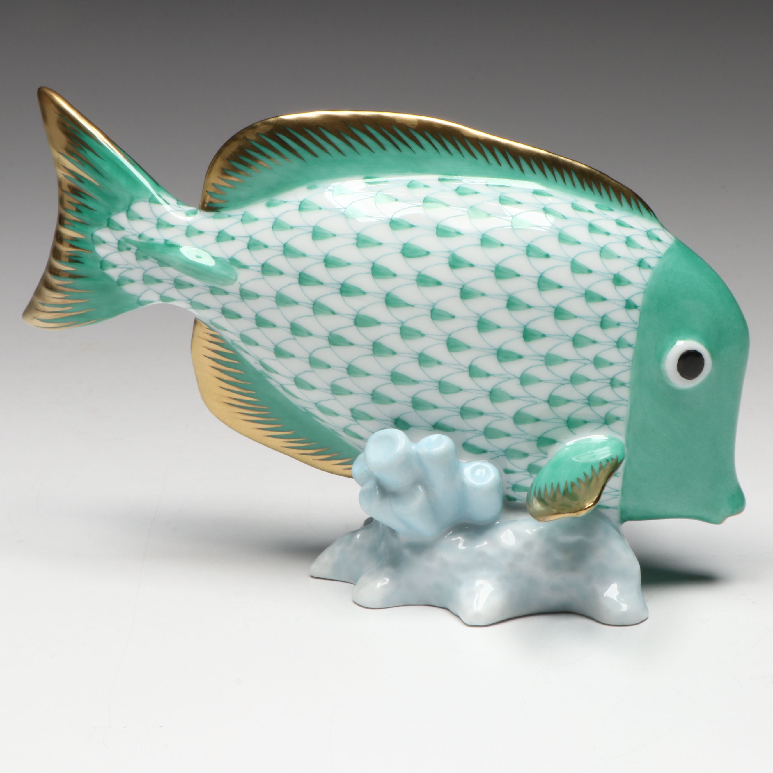Herend Green Fishnet with Gold "Surgeon Fish" Porcelain Figurine