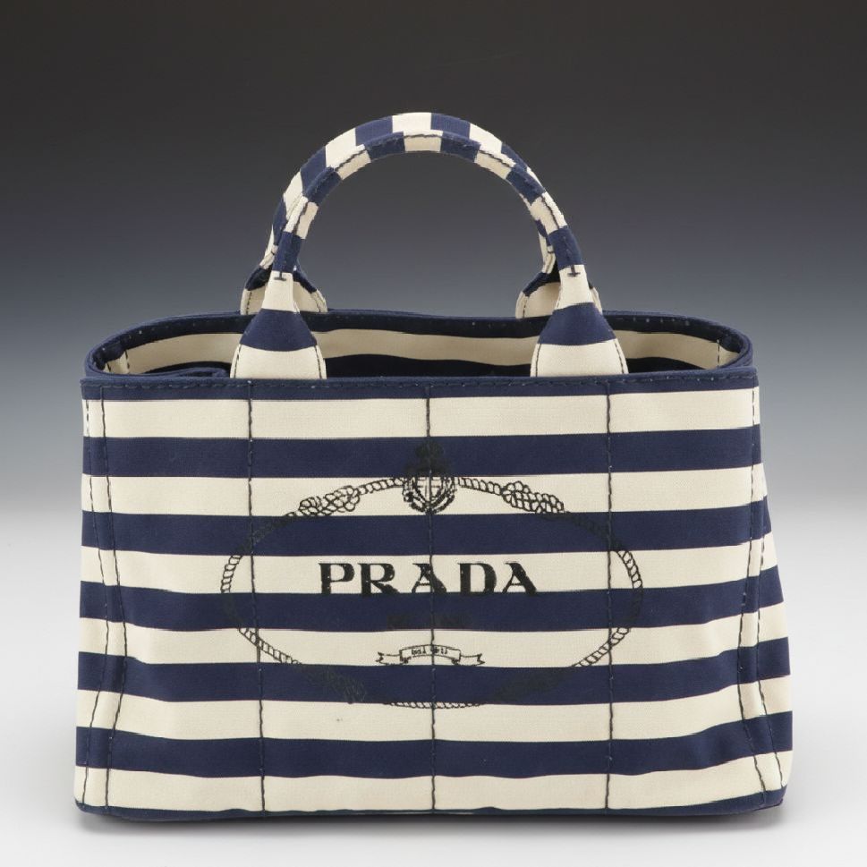 Prada Navy Blue and White Striped Large Canapa Logo Two-Way Tote