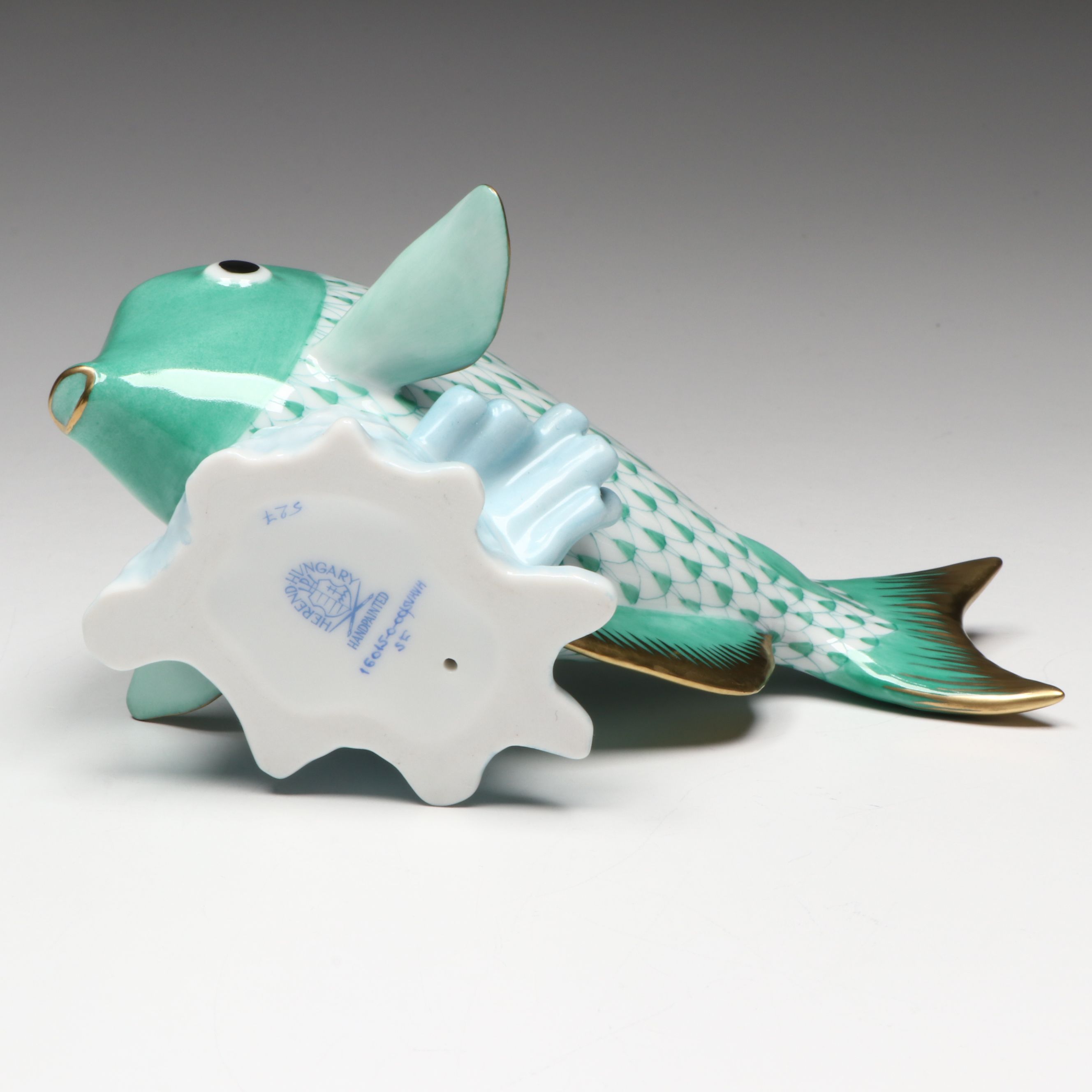 Herend Green Fishnet with Gold "Surgeon Fish" Porcelain Figurine