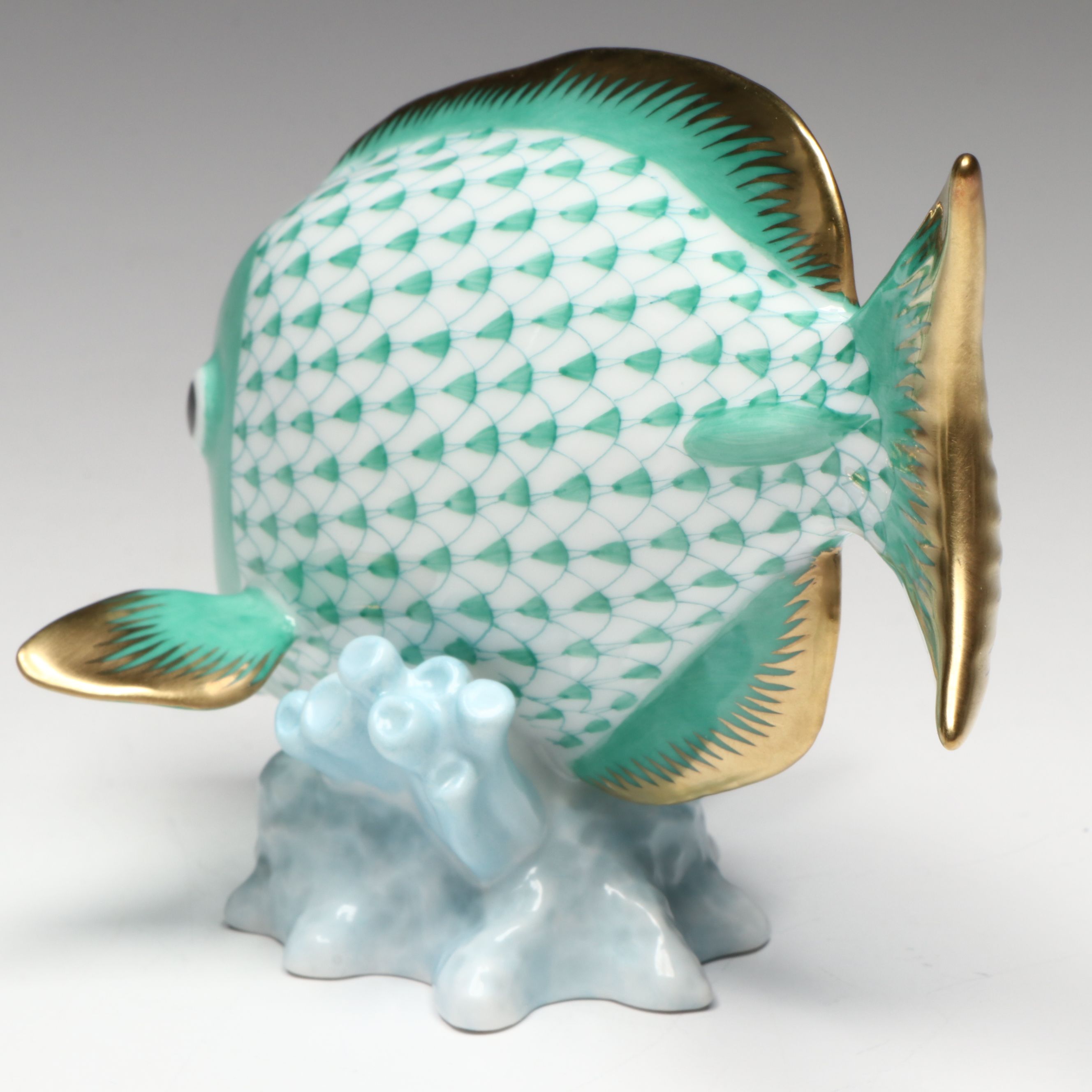Herend Green Fishnet with Gold "Surgeon Fish" Porcelain Figurine